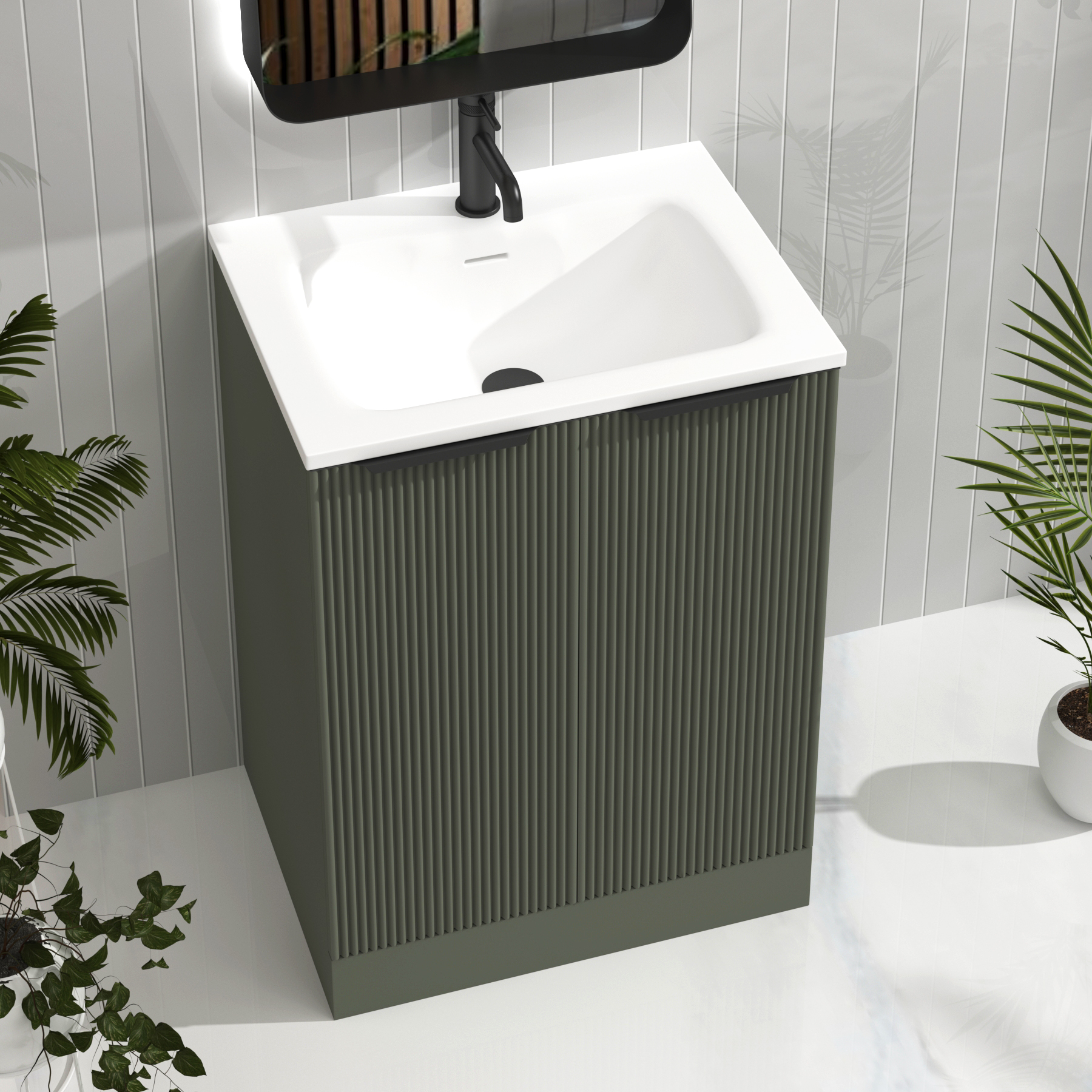 Evora Sage Green Fluted Floor Standing Vanity Unit 2 Door with Matt Stone Basin - Multiple Size
