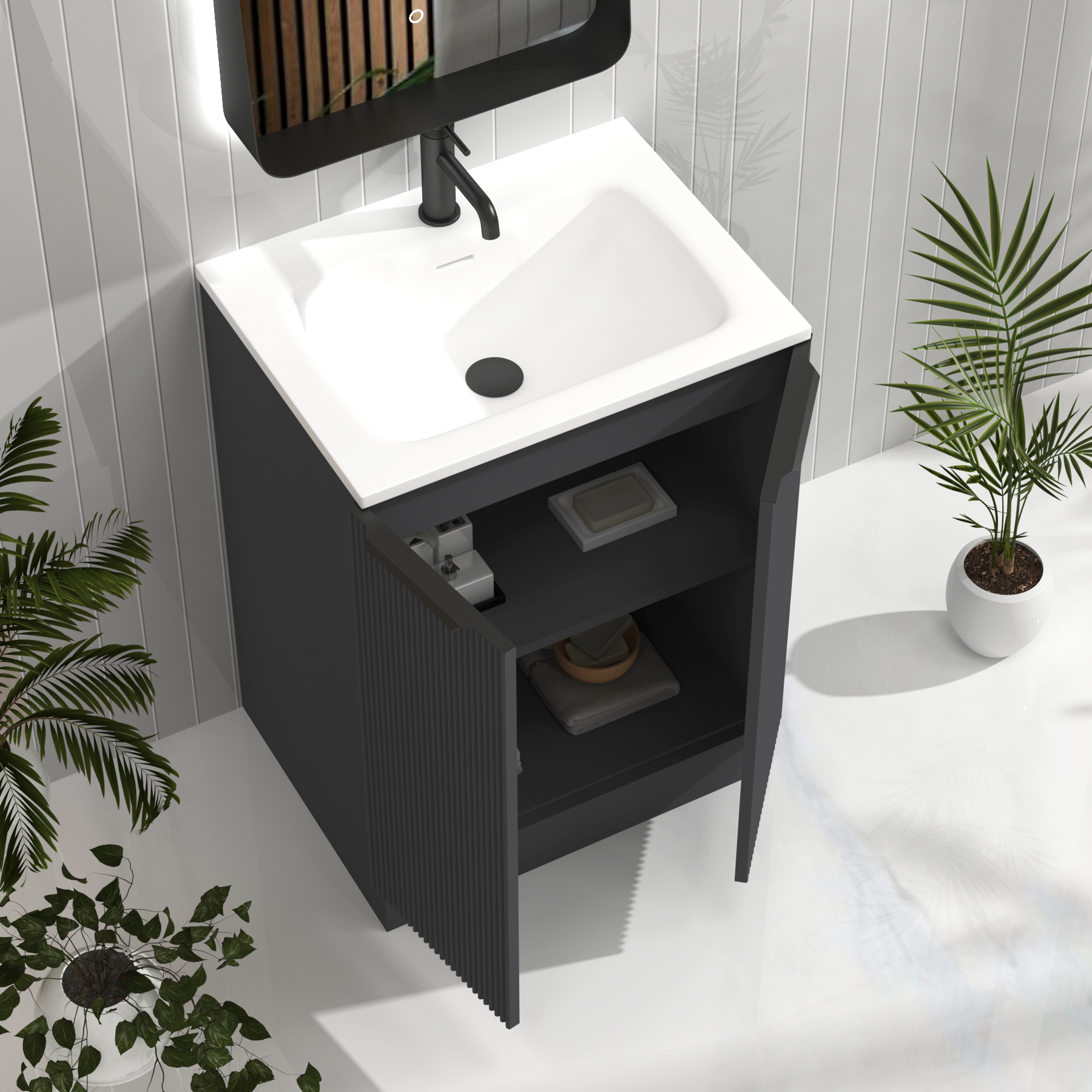 Evora Graphite Grey Fluted Floor Standing Vanity Unit 2 Door with Matt Stone Basin - Multiple Size