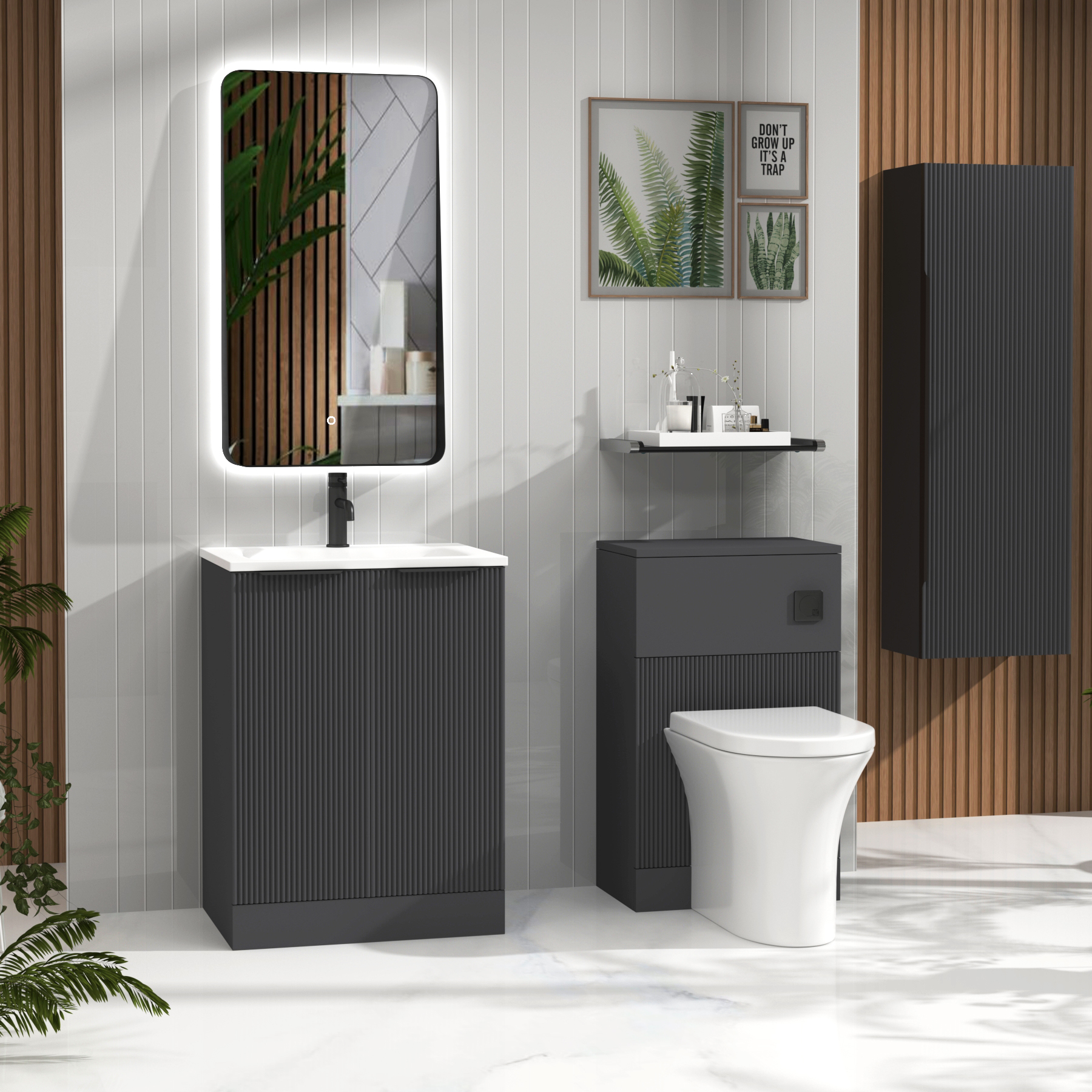 Evora Graphite Grey Fluted Floor Standing Vanity Unit 2 Door with Matt Stone Basin - Multiple Size