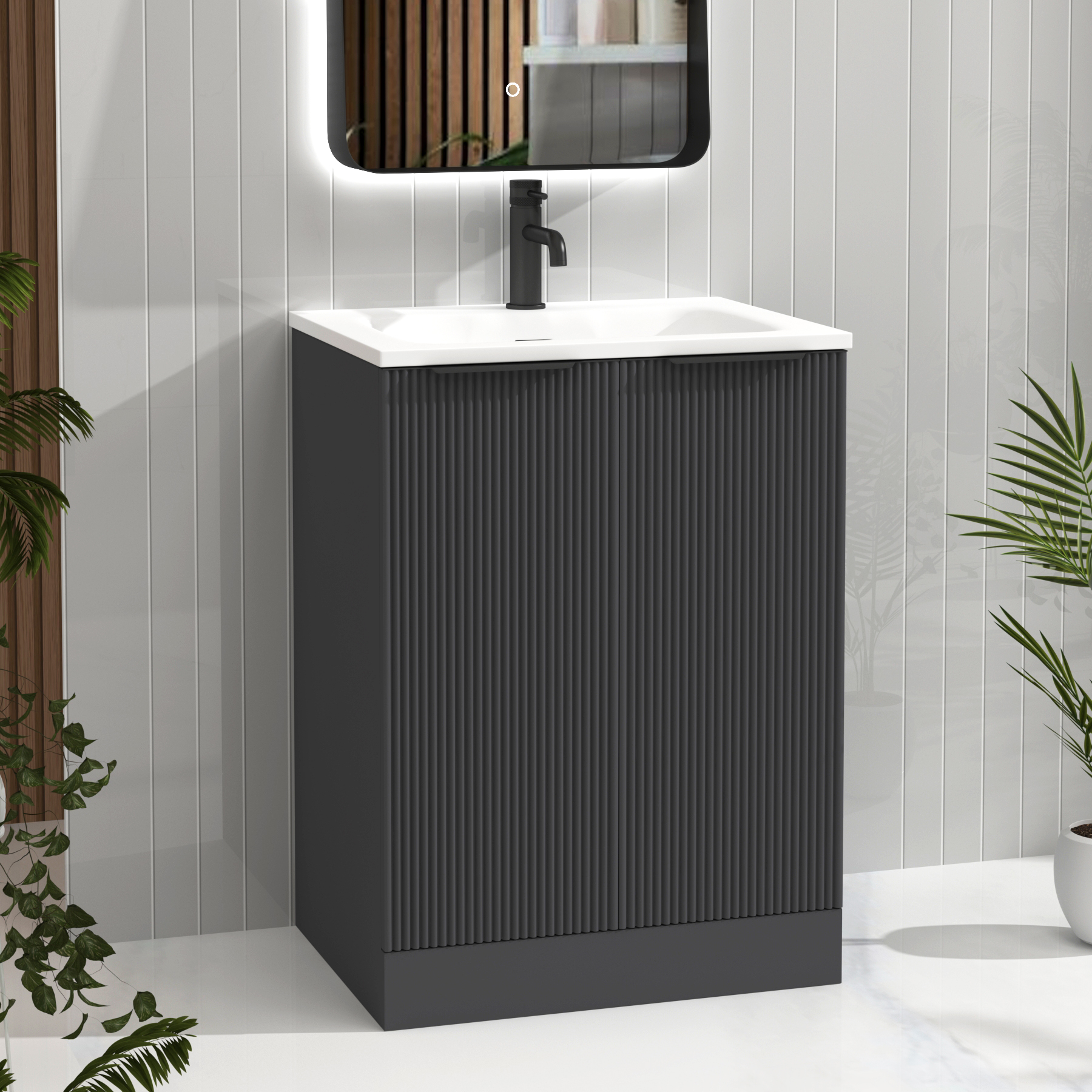 Evora Graphite Grey Fluted Floor Standing Vanity Unit 2 Door with Matt Stone Basin - Multiple Size