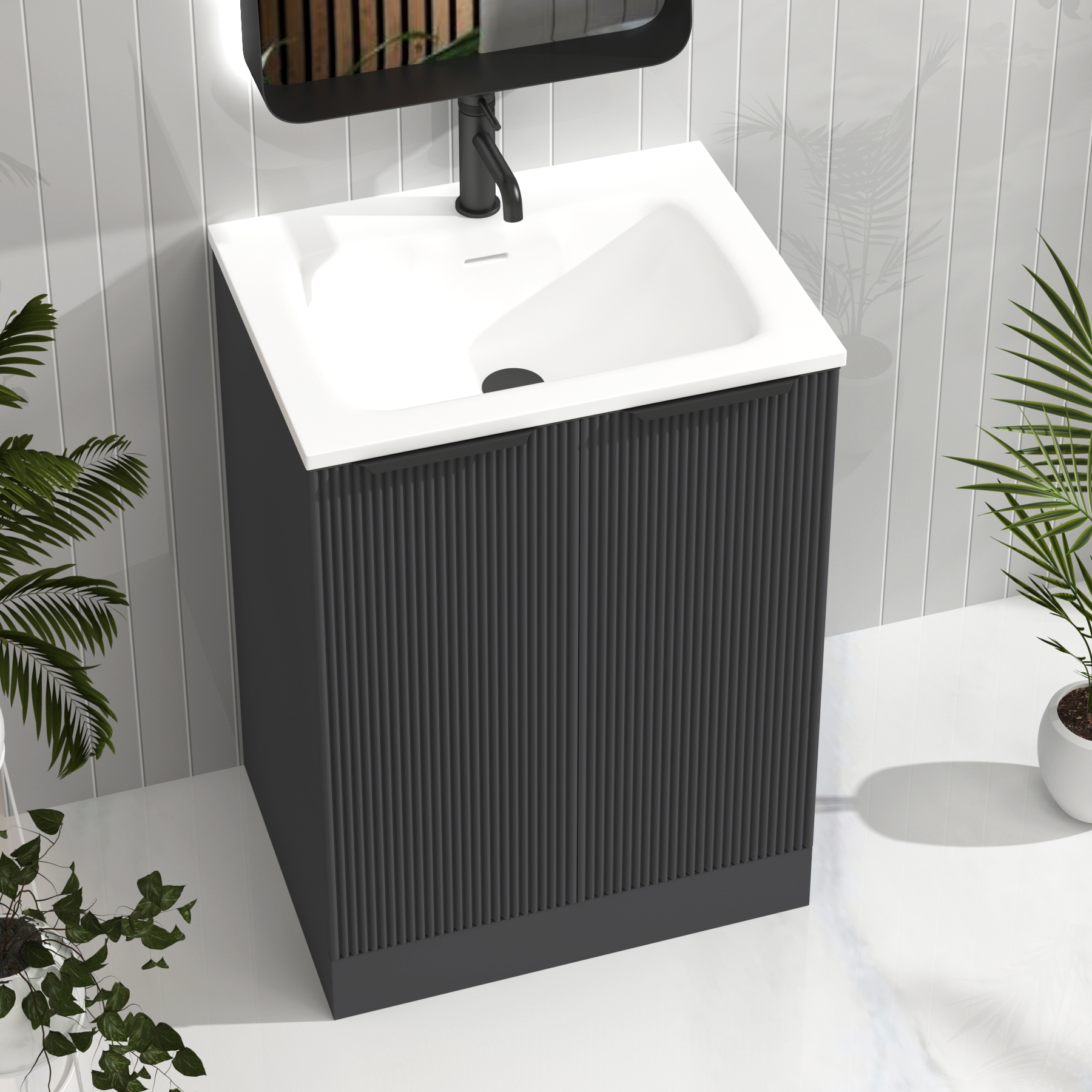 Evora Graphite Grey Fluted Floor Standing Vanity Unit 2 Door with Matt Stone Basin - Multiple Size