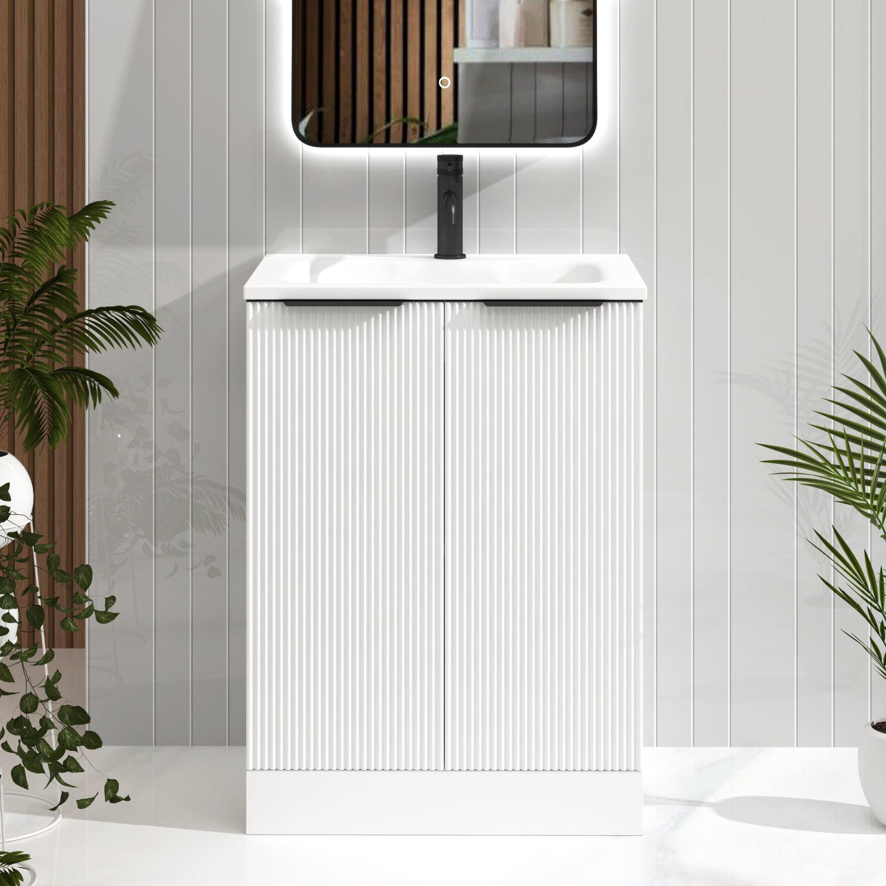 Evora 600mm Matt White Fluted Floor Standing Vanity Unit 2 Door with Matt Stone Basin & Matt Black Handles
