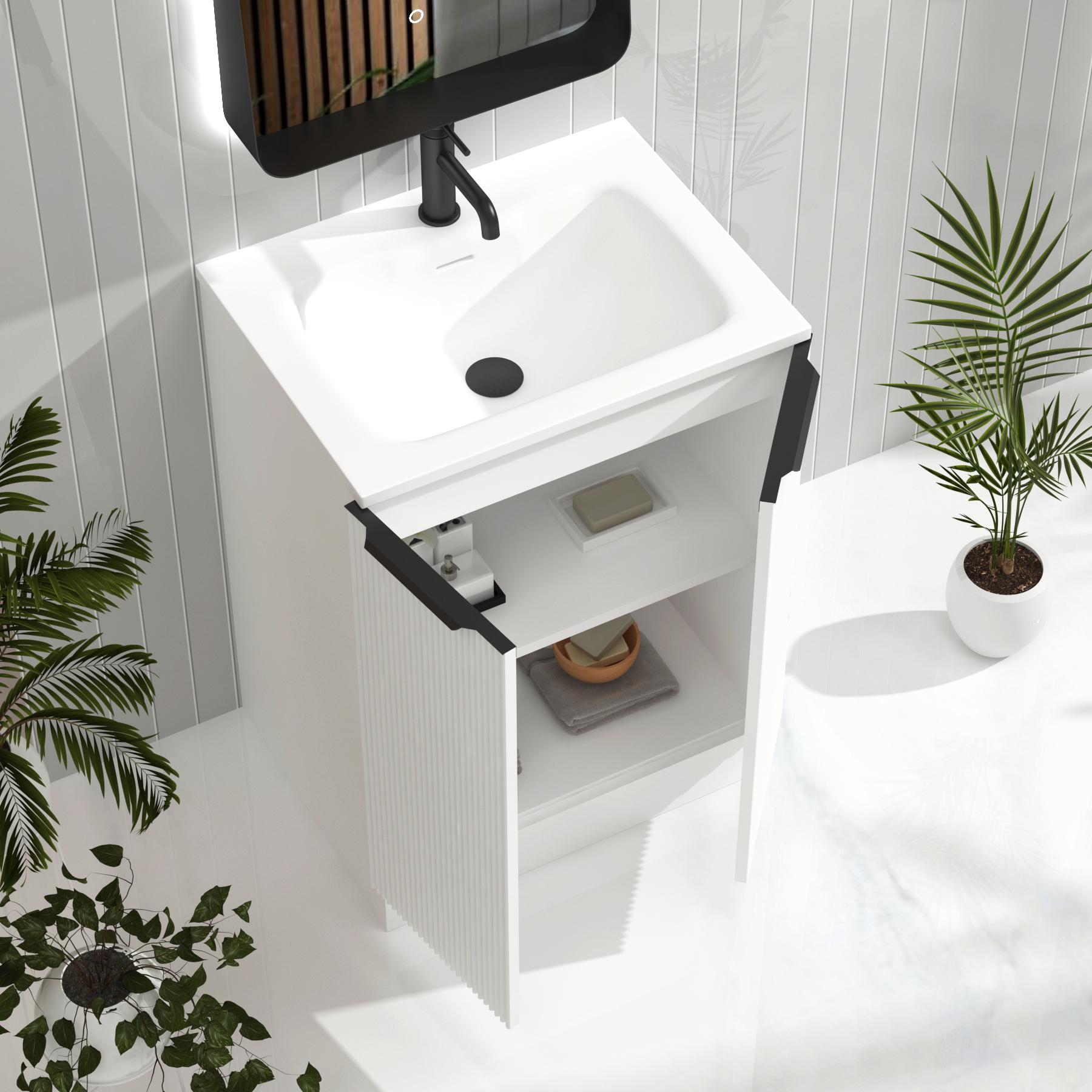 Evora Matt White Fluted Floor Standing Vanity Unit 2 Door with Matt Stone Basin - Multiple Size