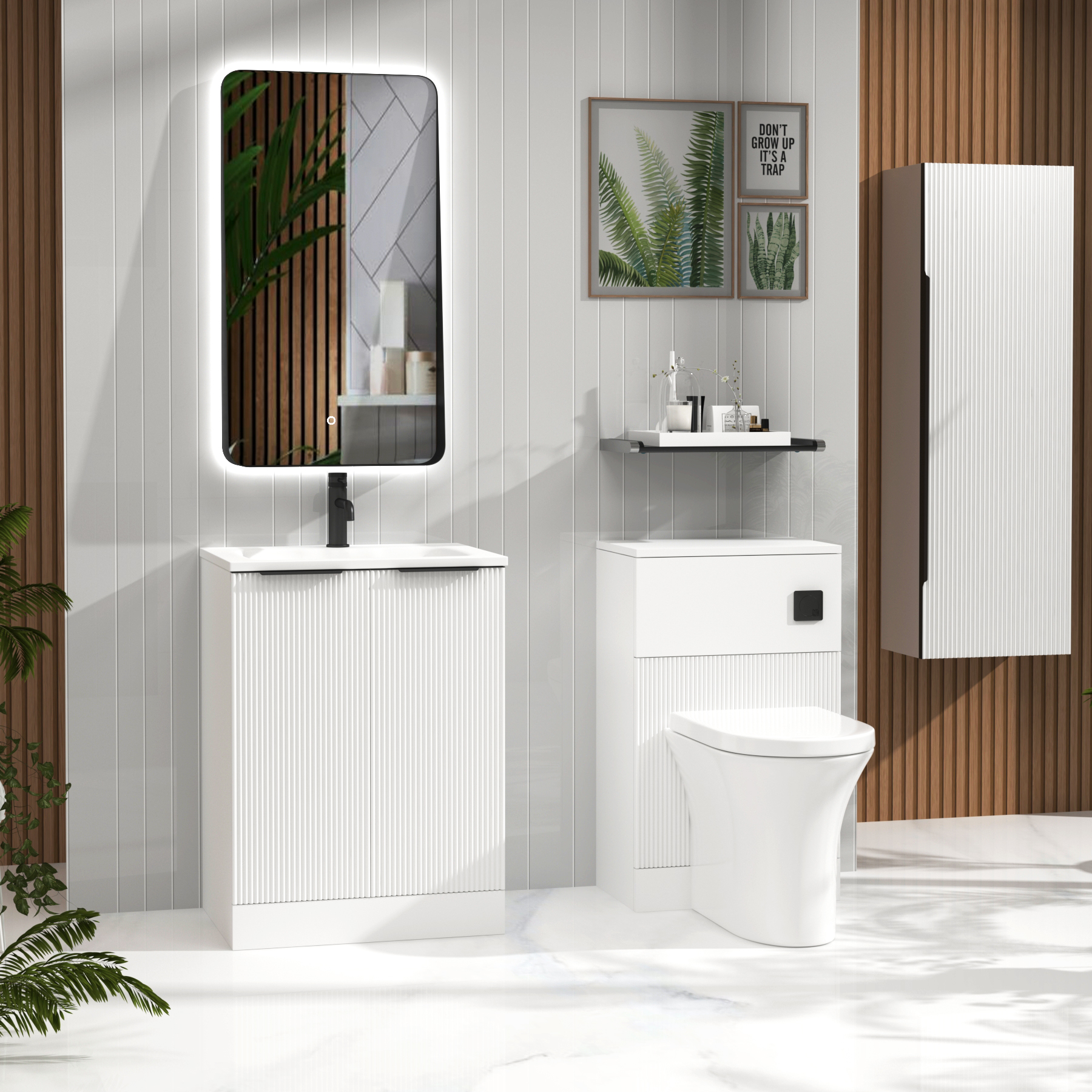 Evora Matt White Fluted Floor Standing Vanity Unit 2 Door with Matt Stone Basin - Multiple Size
