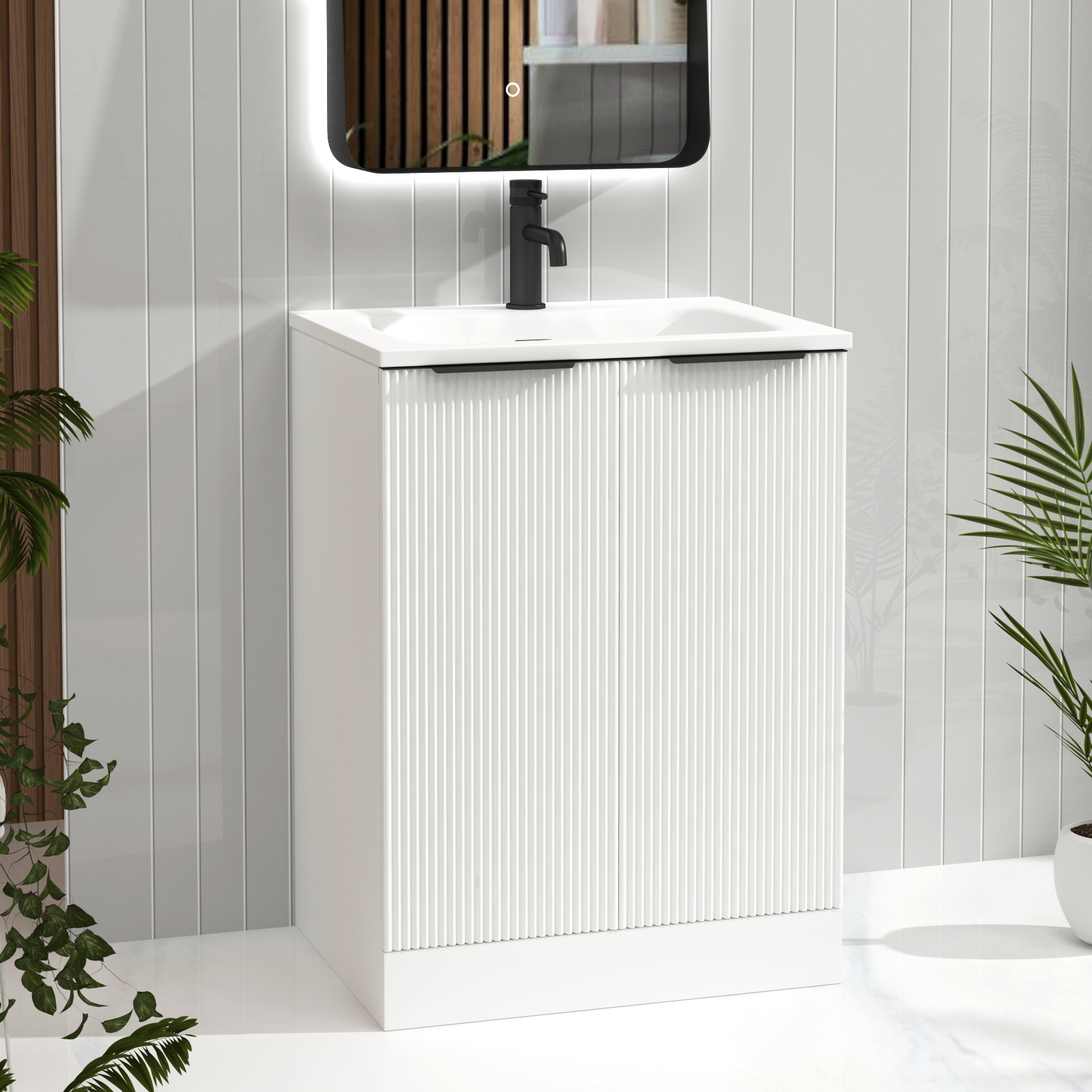 Evora Matt White Fluted Floor Standing Vanity Unit 2 Door with Matt Stone Basin - Multiple Size