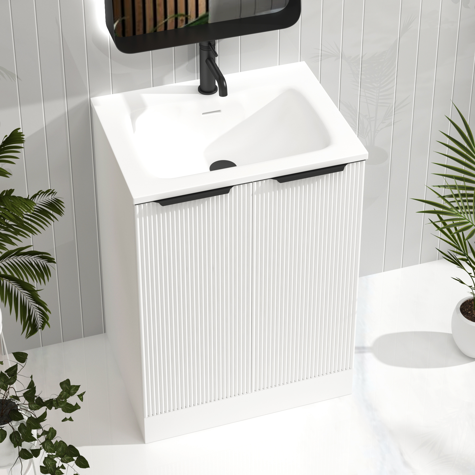 Evora Matt White Fluted Floor Standing Vanity Unit 2 Door with Matt Stone Basin - Multiple Size