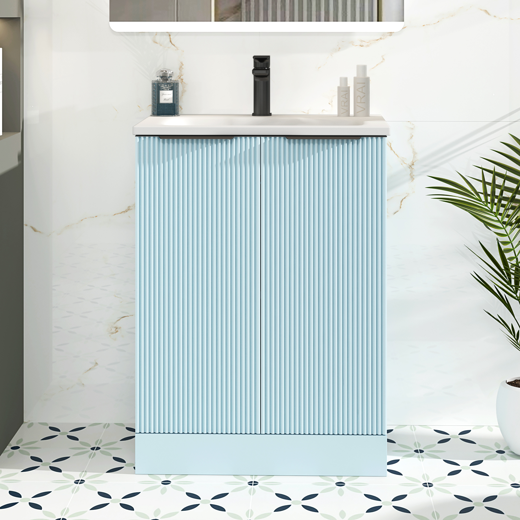 Evora Powder Blue Fluted Floor Standing Vanity Unit 2 Door with Matt Stone Basin - Multiple Size