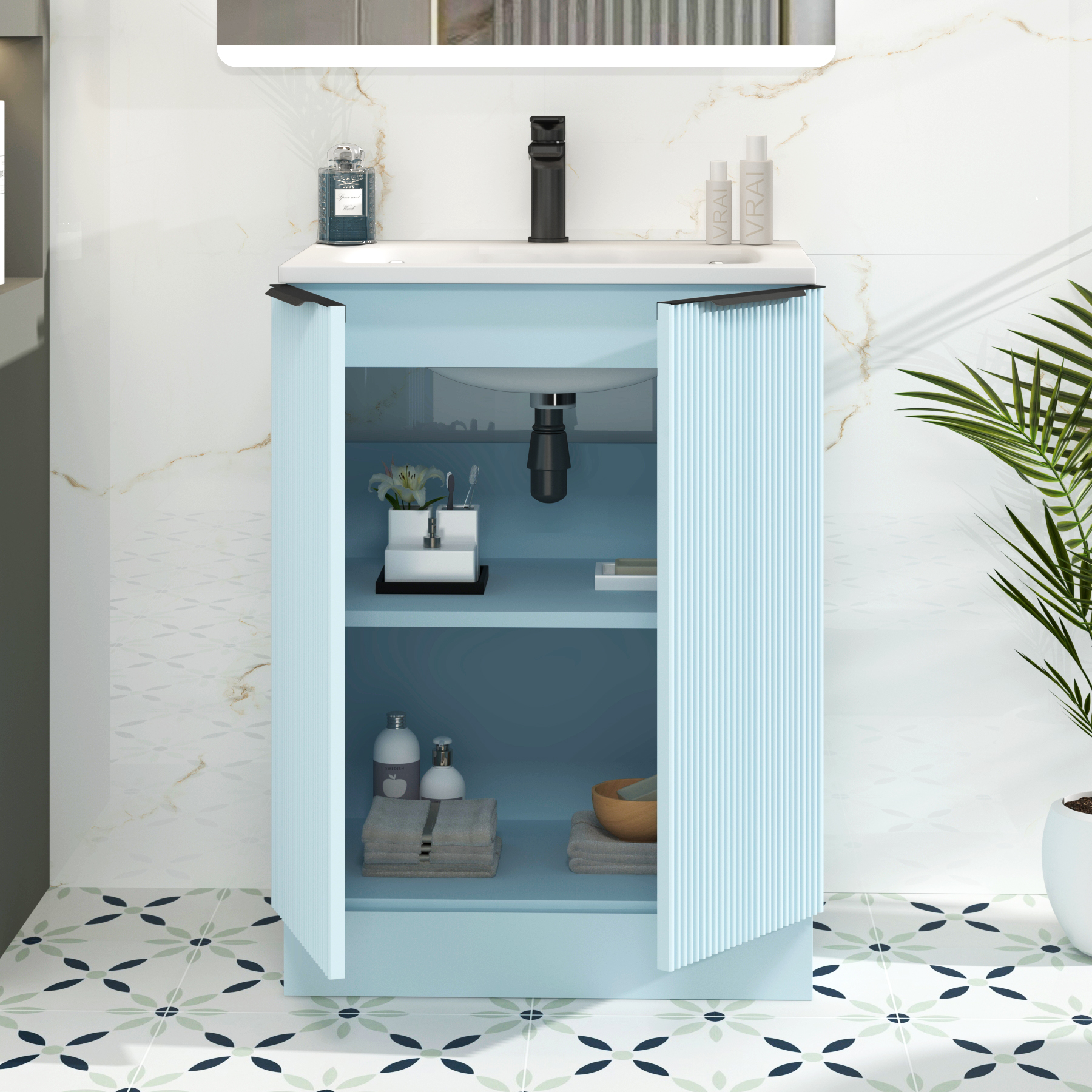Evora Powder Blue Fluted Floor Standing Vanity Unit 2 Door with Matt Stone Basin - Multiple Size
