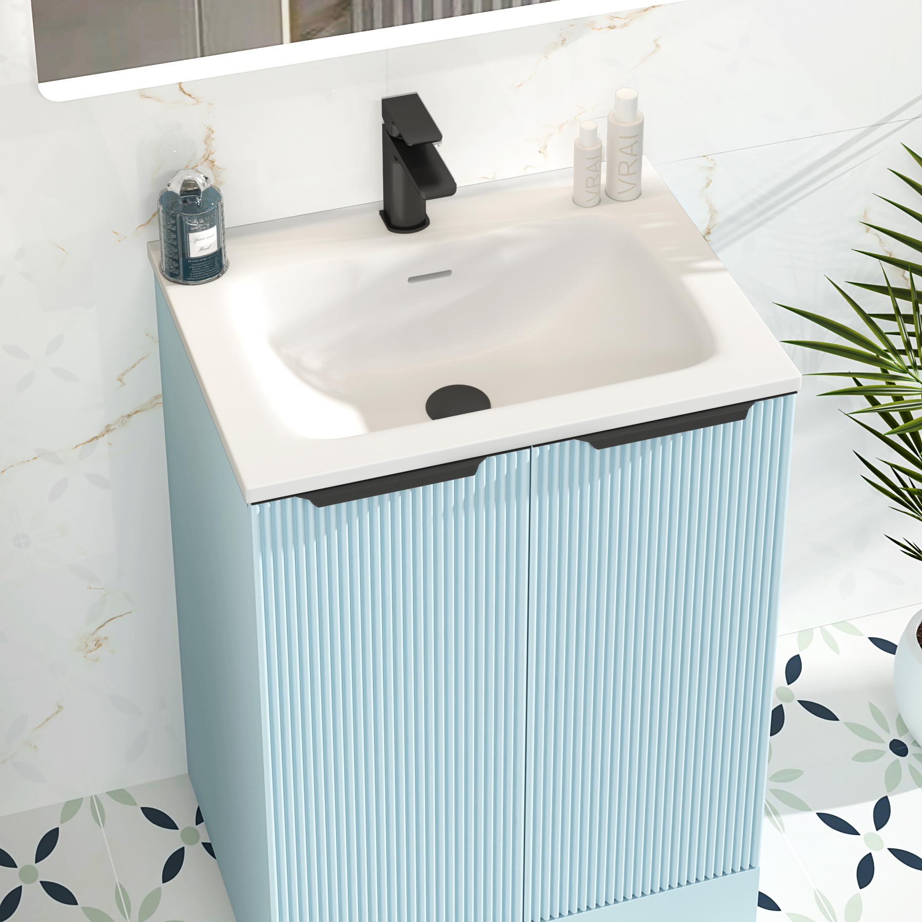 Evora Powder Blue Fluted Floor Standing Vanity Unit 2 Door with Matt Stone Basin - Multiple Size