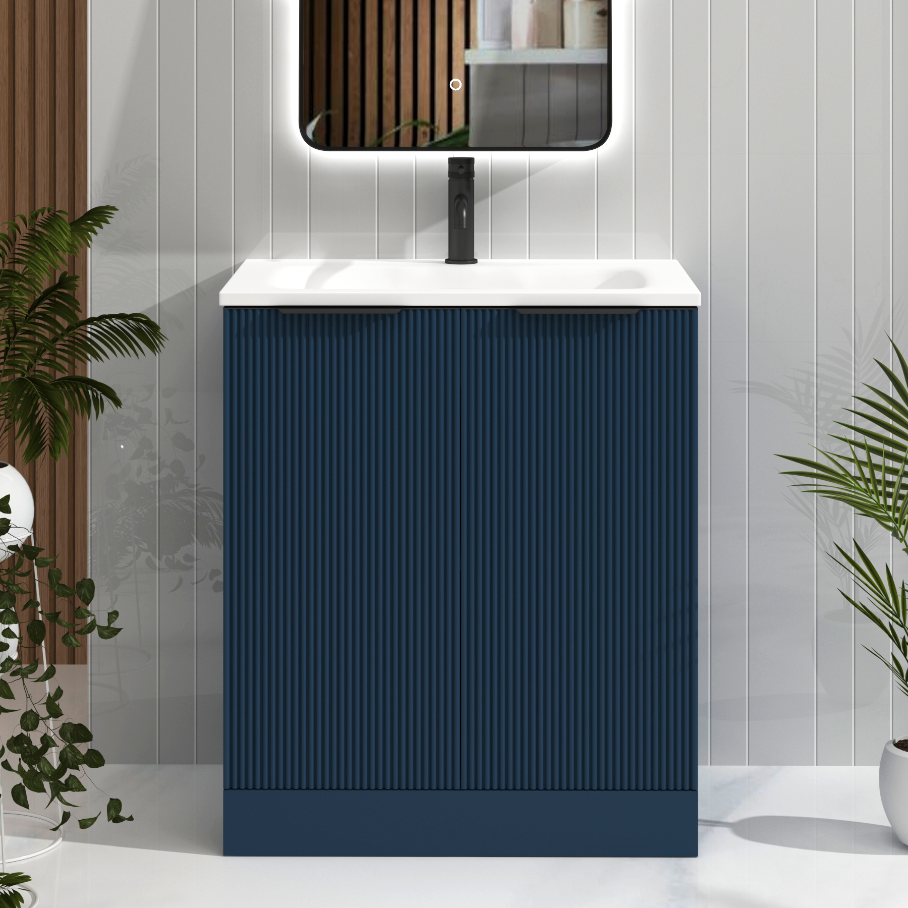 Evora 700mm Midnight Blue Fluted Floor Standing Vanity Unit 2 Door with Matt Stone Basin & Matt Black Handles