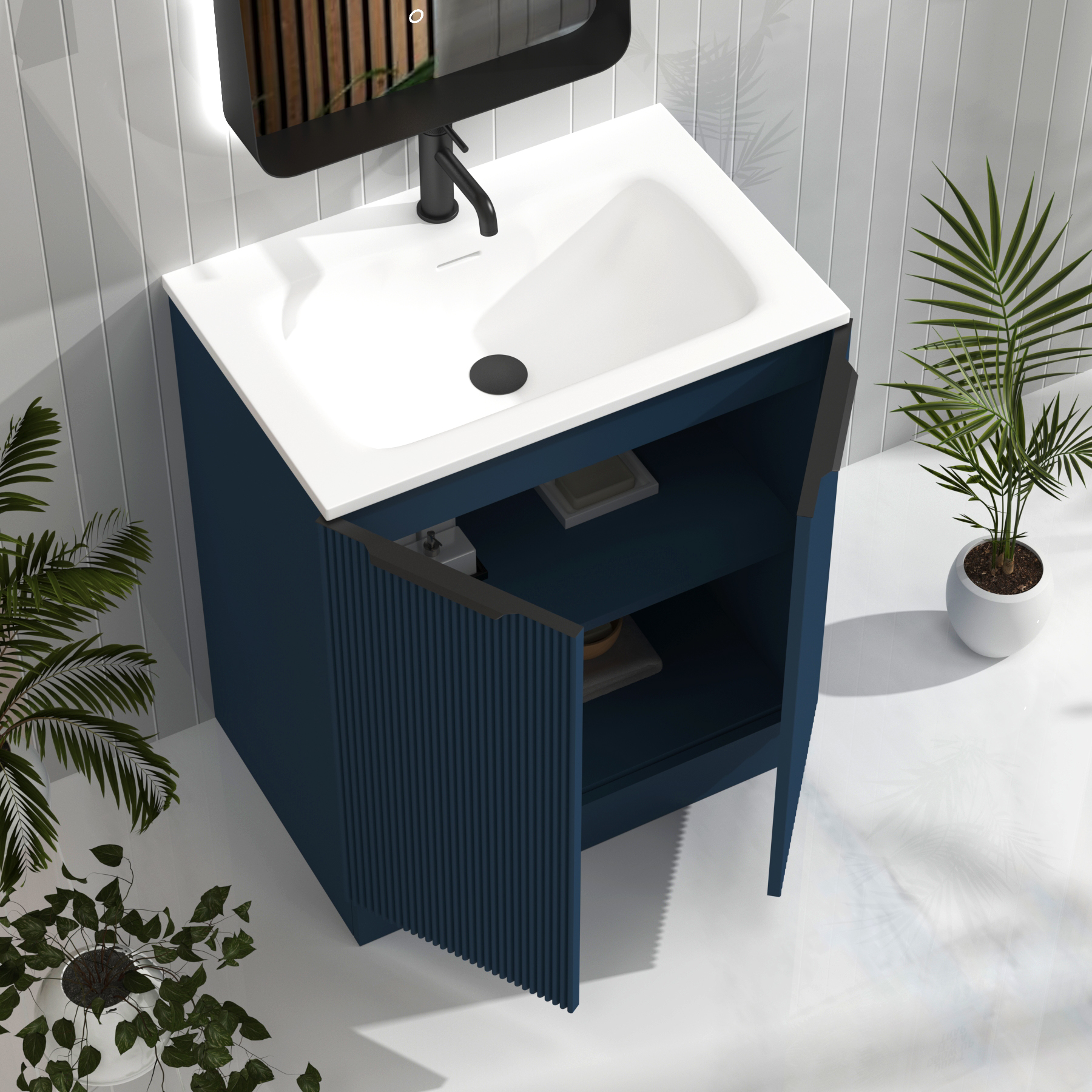 Evora 700mm Midnight Blue Fluted Floor Standing Vanity Unit 2 Door with Matt Stone Basin & Matt Black Handles
