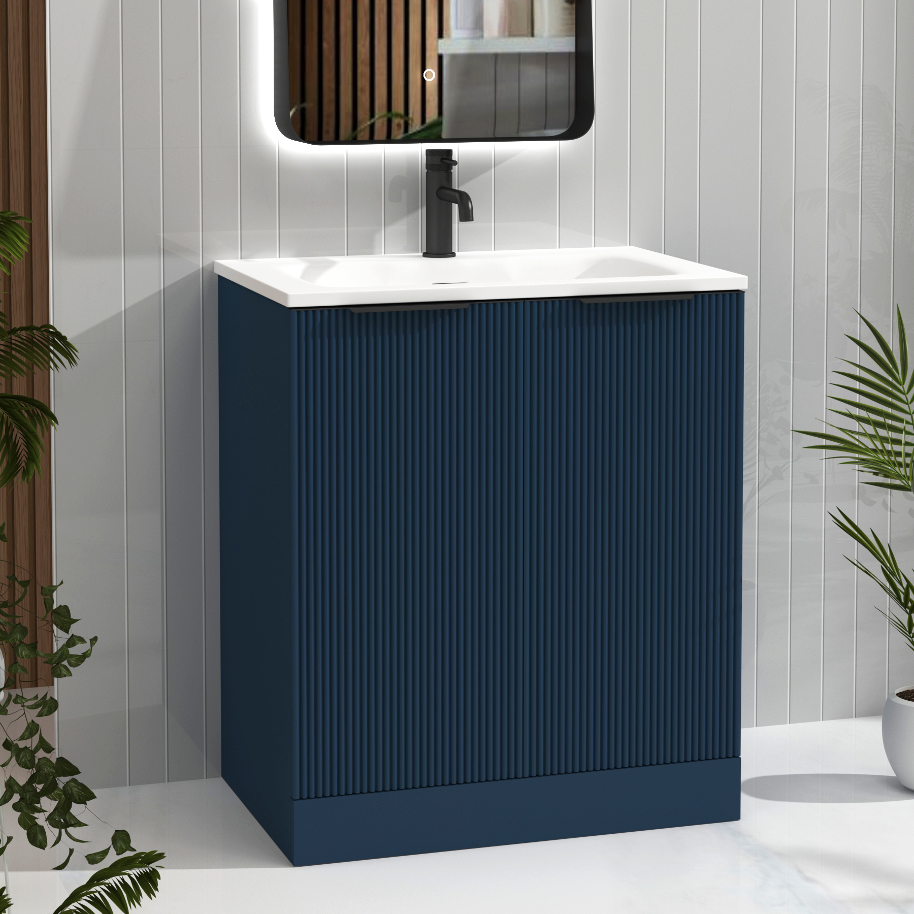 Evora 700mm Midnight Blue Fluted Floor Standing Vanity Unit 2 Door with Matt Stone Basin & Matt Black Handles