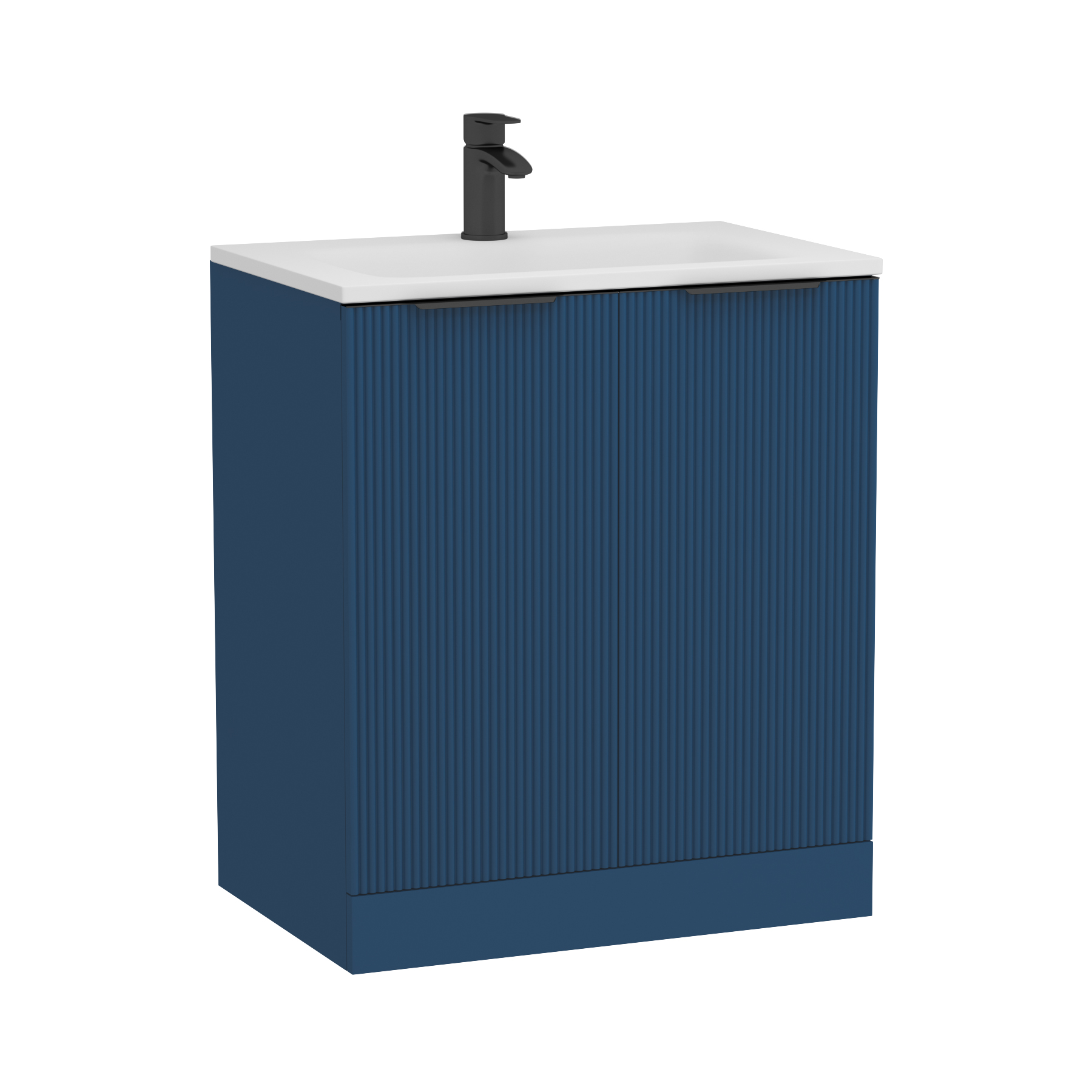 Evora 700mm Midnight Blue Fluted Floor Standing Vanity Unit 2 Door with Matt Stone Basin & Matt Black Handles