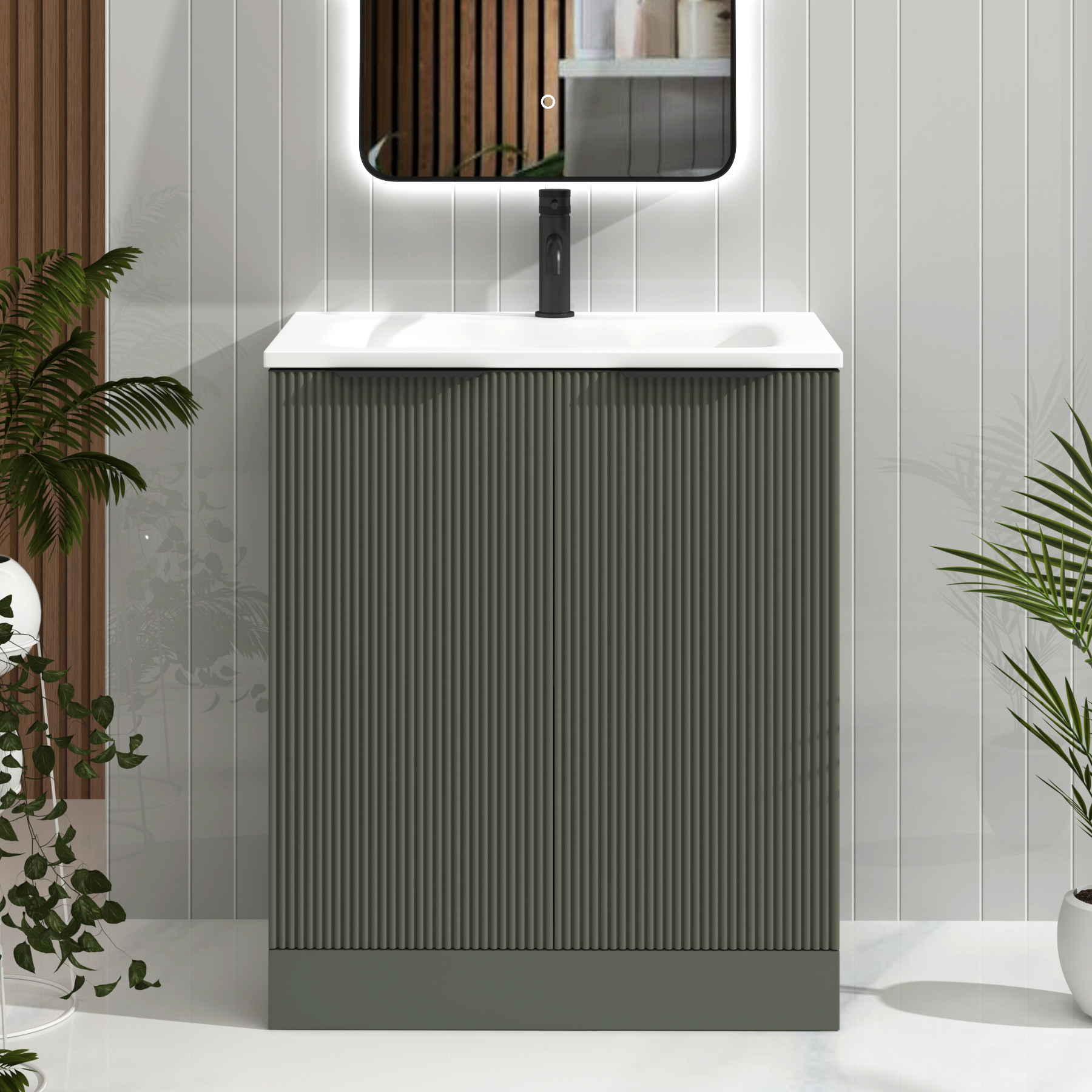 Evora 700mm Sage Green Fluted Floor Standing Vanity Unit 2 Door with Matt Stone Basin & Matt Black Handles