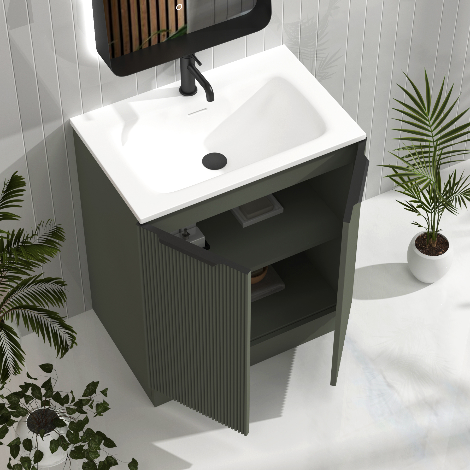 Evora 700mm Sage Green Fluted Floor Standing Vanity Unit 2 Door with Matt Stone Basin & Matt Black Handles