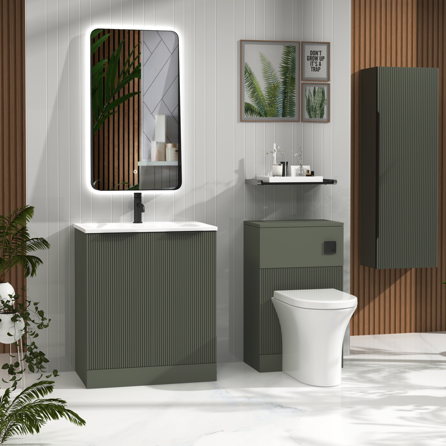 Evora 700mm Sage Green Fluted Floor Standing Vanity Unit 2 Door with Matt Stone Basin & Matt Black Handles