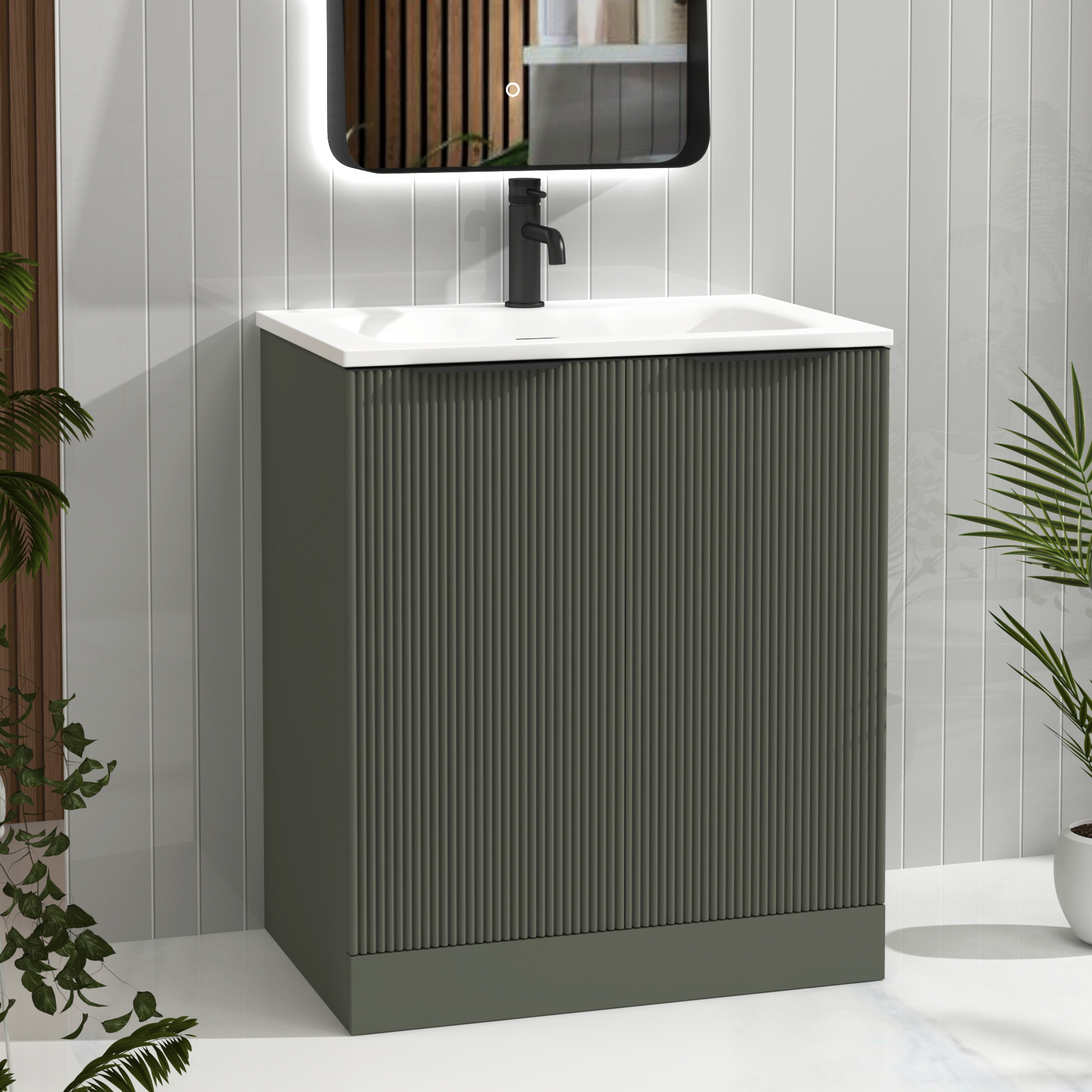 Evora 700mm Sage Green Fluted Floor Standing Vanity Unit 2 Door with Matt Stone Basin & Matt Black Handles