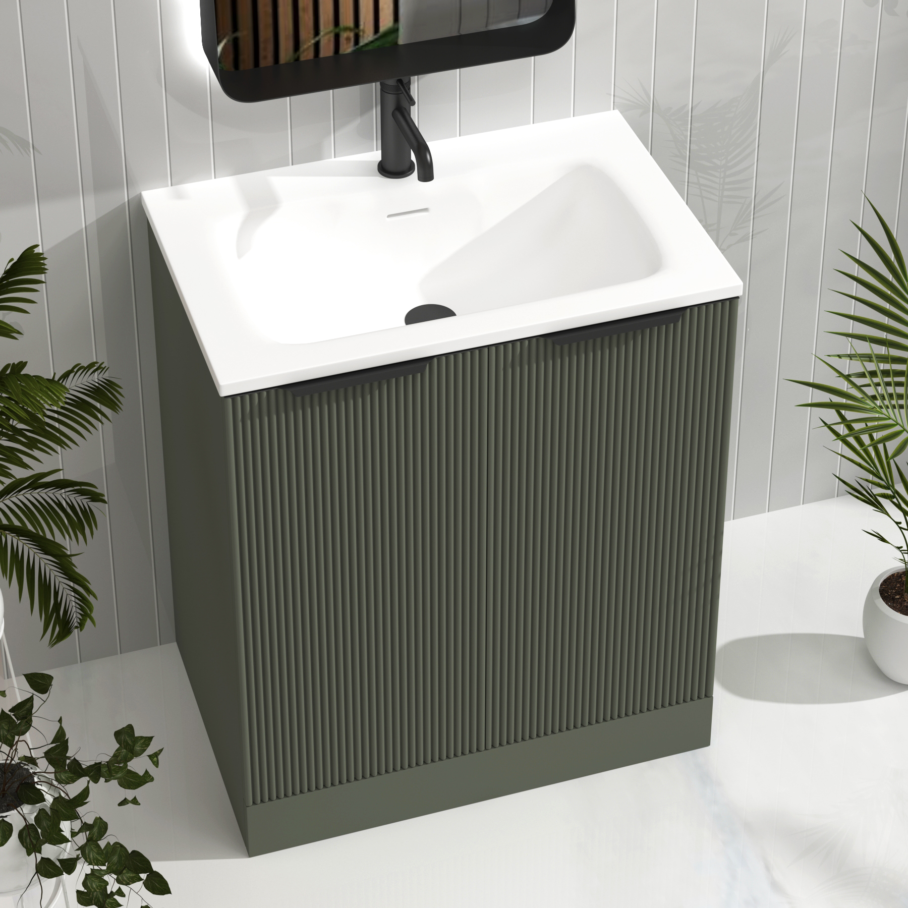 Evora 700mm Sage Green Fluted Floor Standing Vanity Unit 2 Door with Matt Stone Basin & Matt Black Handles