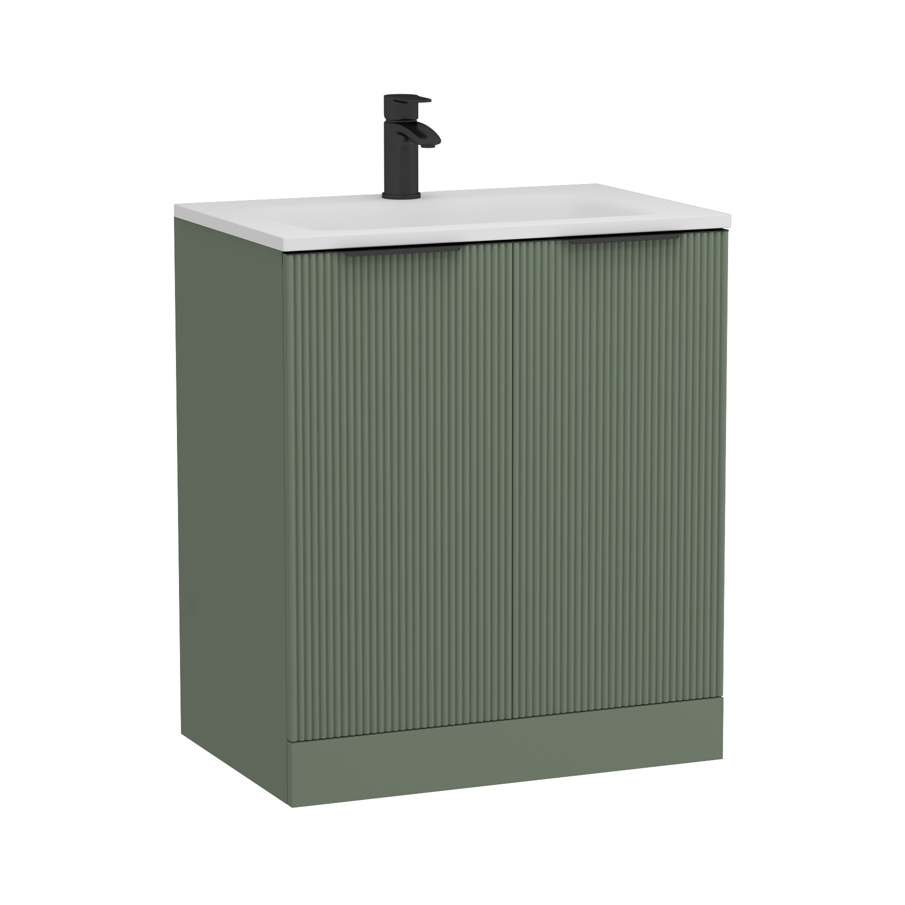 Evora 700mm Sage Green Fluted Floor Standing Vanity Unit 2 Door with Matt Stone Basin & Matt Black Handles