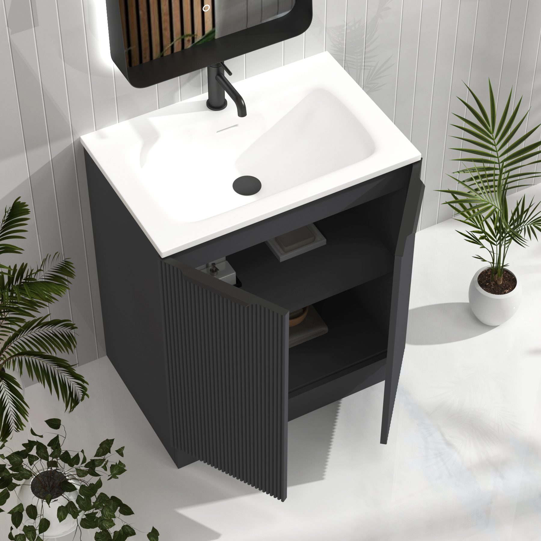 Evora 700mm Graphite Grey Fluted Floor Standing Vanity Unit 2 Door with Matt Stone Basin & Matt Black Handles