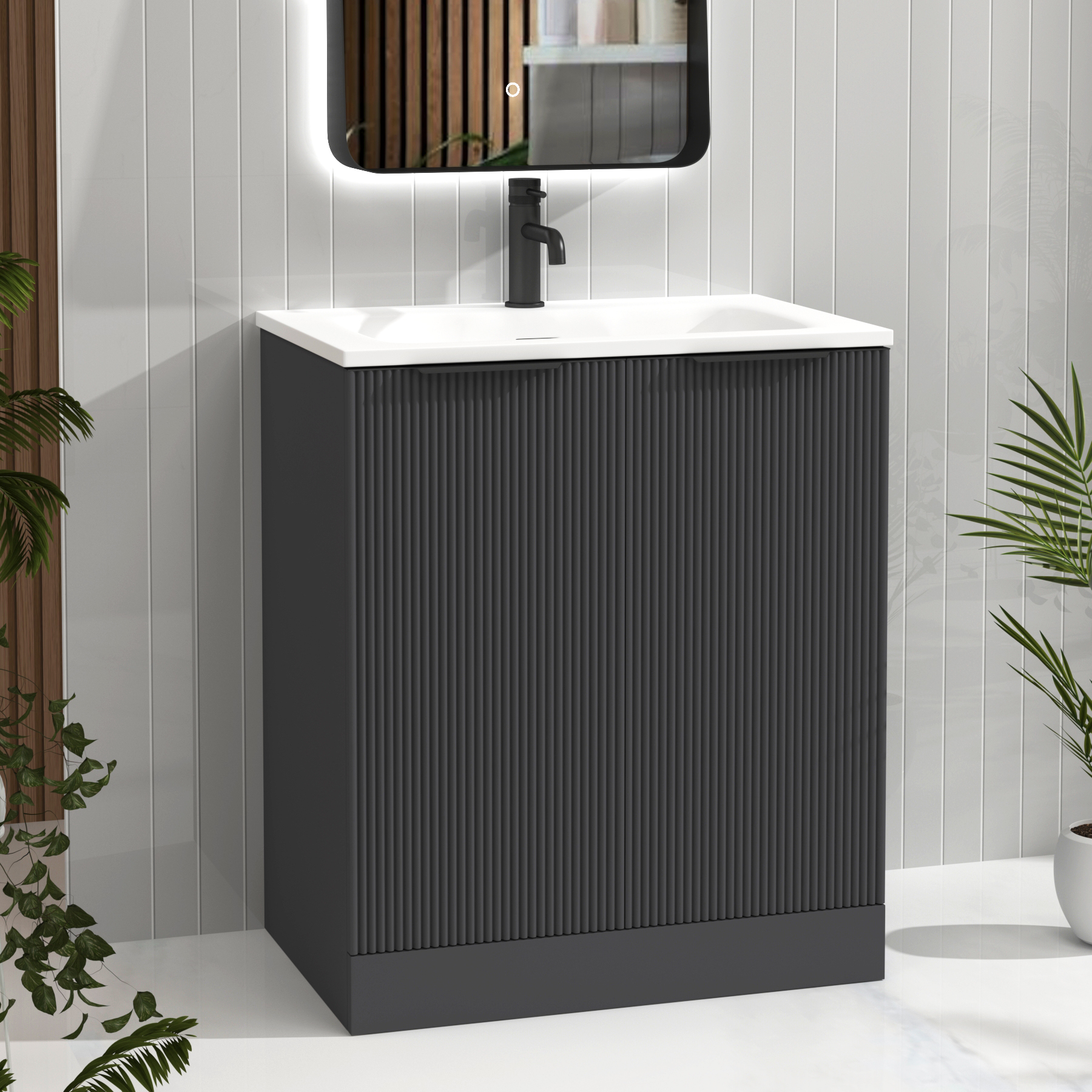 Evora 700mm Graphite Grey Fluted Floor Standing Vanity Unit 2 Door with Matt Stone Basin & Matt Black Handles