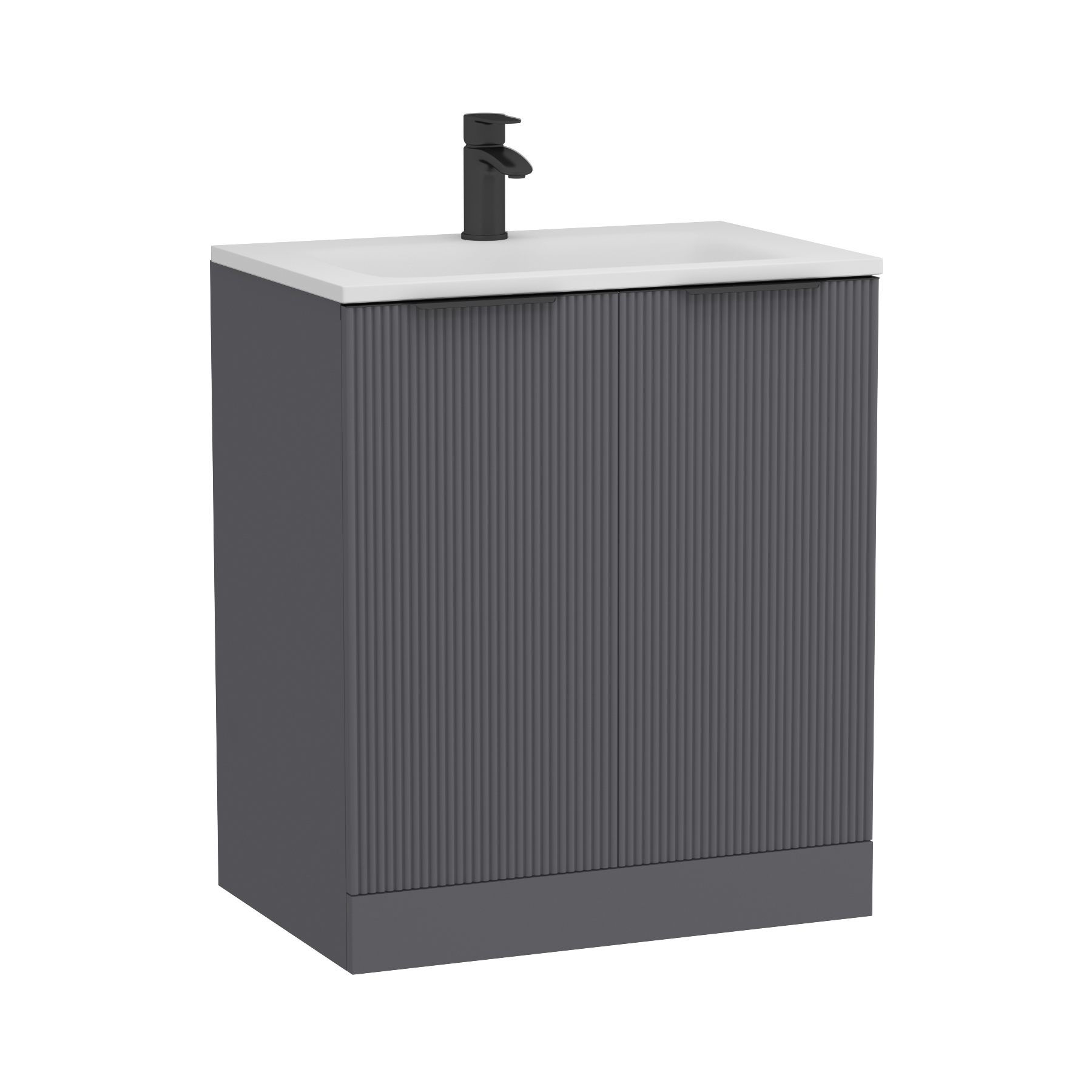 Evora 700mm Graphite Grey Fluted Floor Standing Vanity Unit 2 Door with Matt Stone Basin & Matt Black Handles