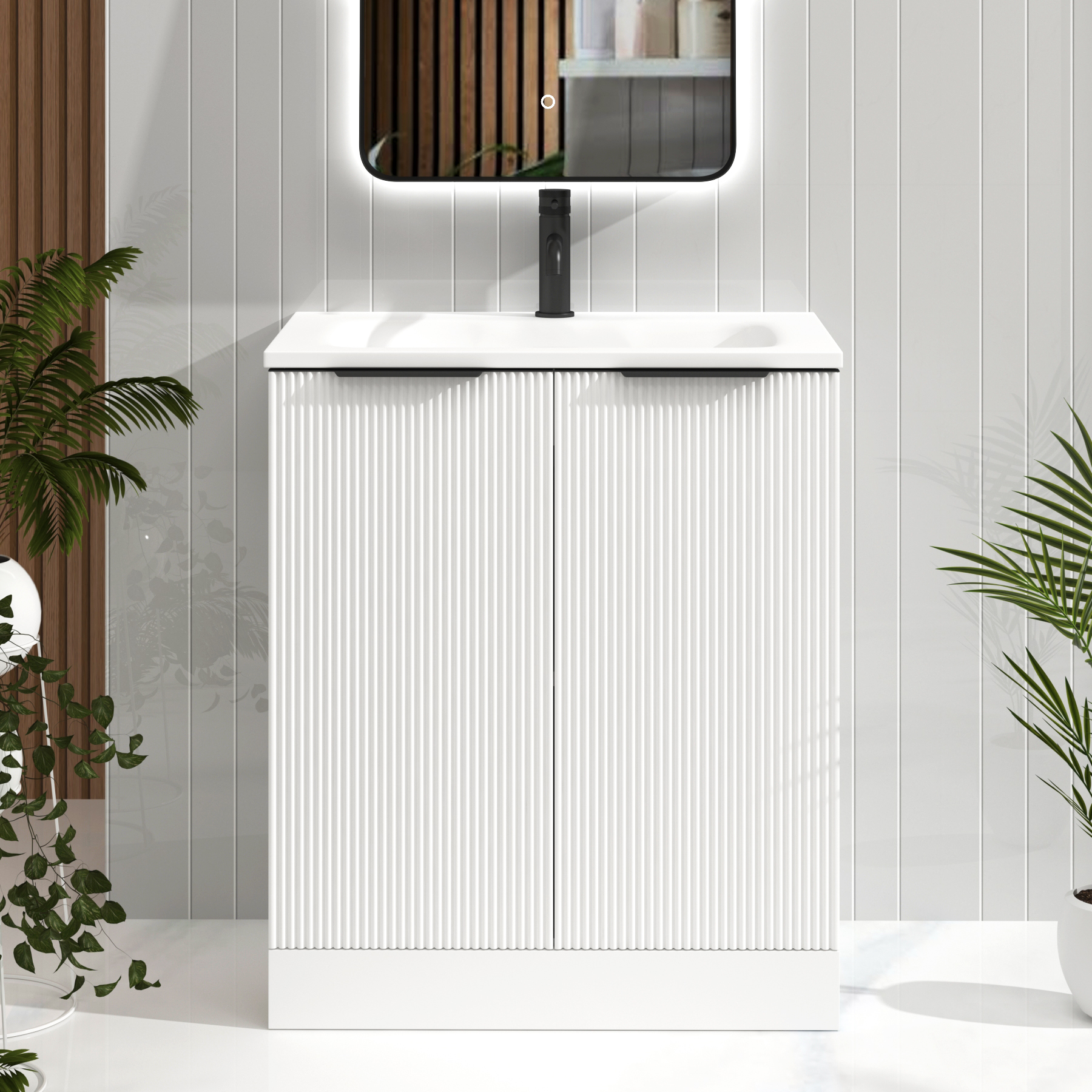 Evora 700mm Matt White Fluted Floor Standing Vanity Unit 2 Door with Matt Stone Basin & Matt Black Handles
