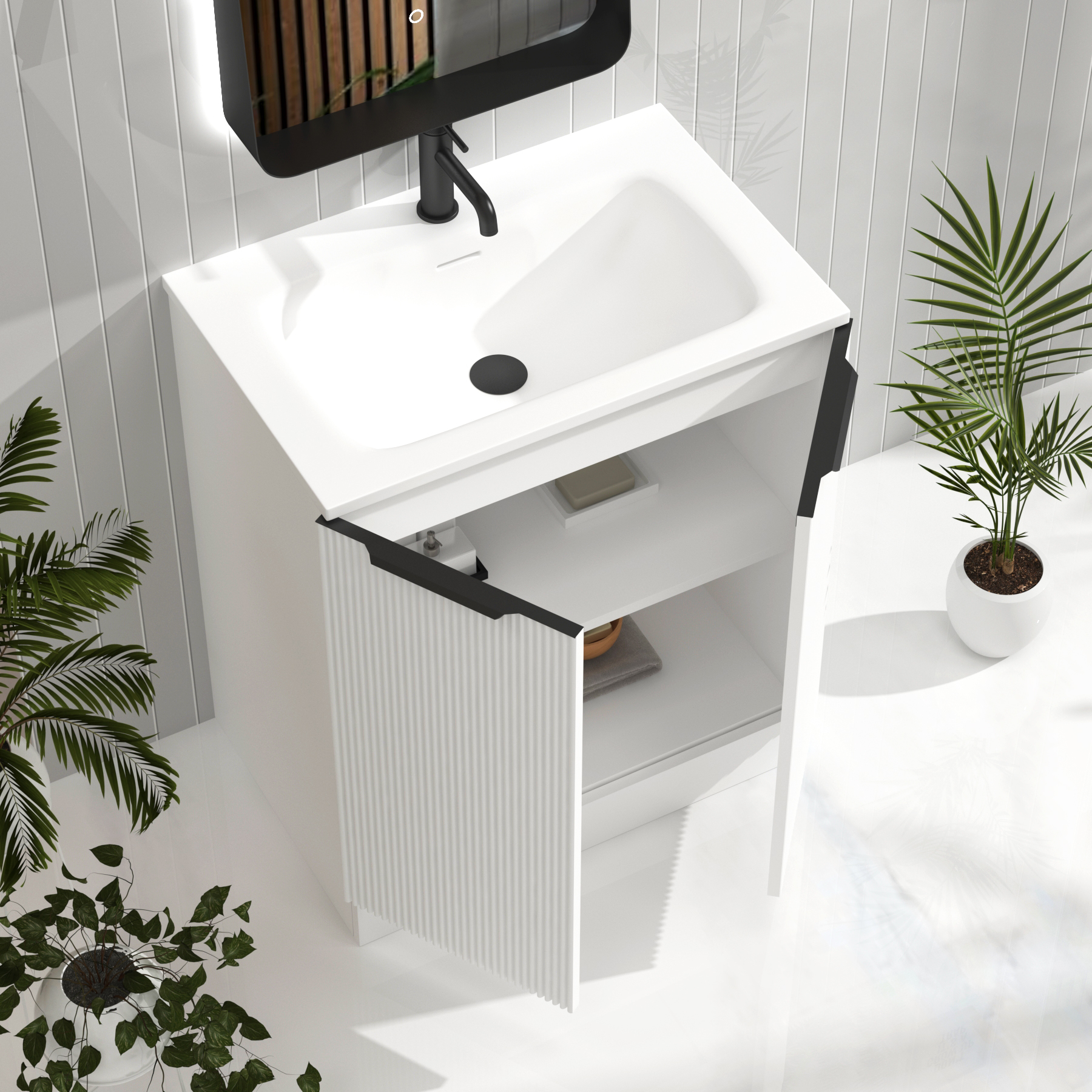 Evora 700mm Matt White Fluted Floor Standing Vanity Unit 2 Door with Matt Stone Basin & Matt Black Handles