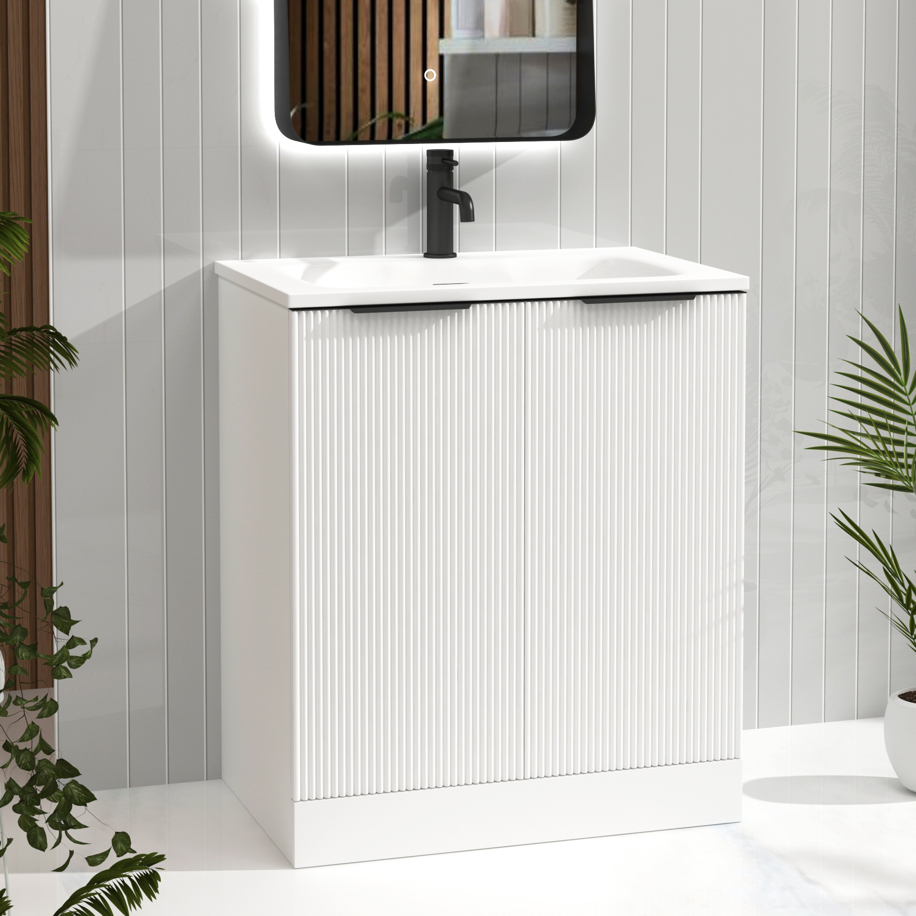 Evora 700mm Matt White Fluted Floor Standing Vanity Unit 2 Door with Matt Stone Basin & Matt Black Handles