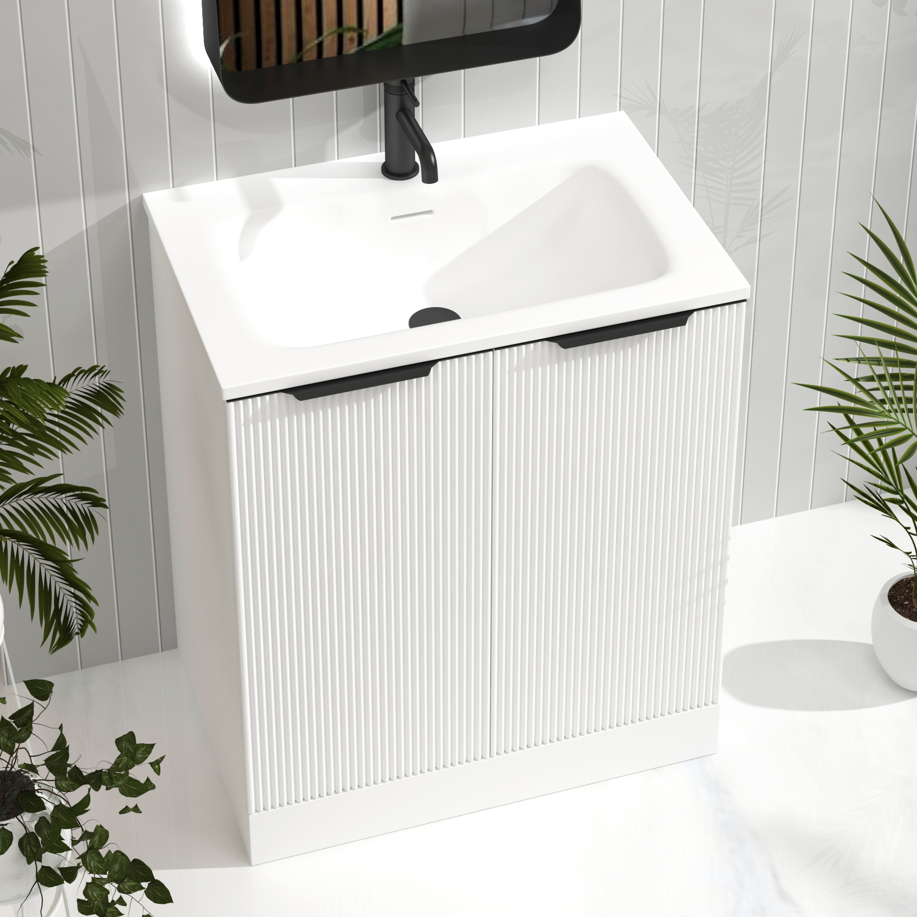 Evora 700mm Matt White Fluted Floor Standing Vanity Unit 2 Door with Matt Stone Basin & Matt Black Handles