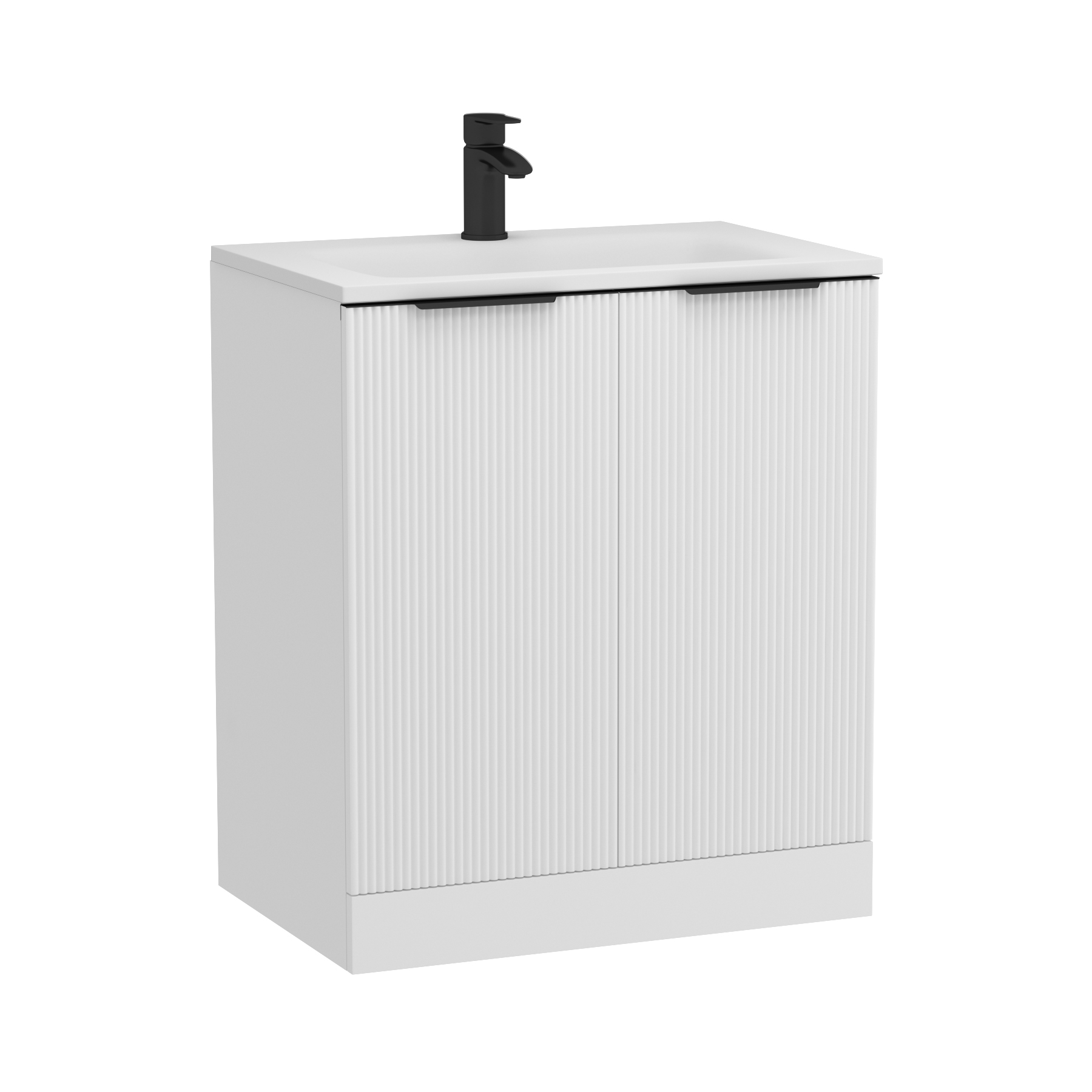 Evora 700mm Matt White Fluted Floor Standing Vanity Unit 2 Door with Matt Stone Basin & Matt Black Handles