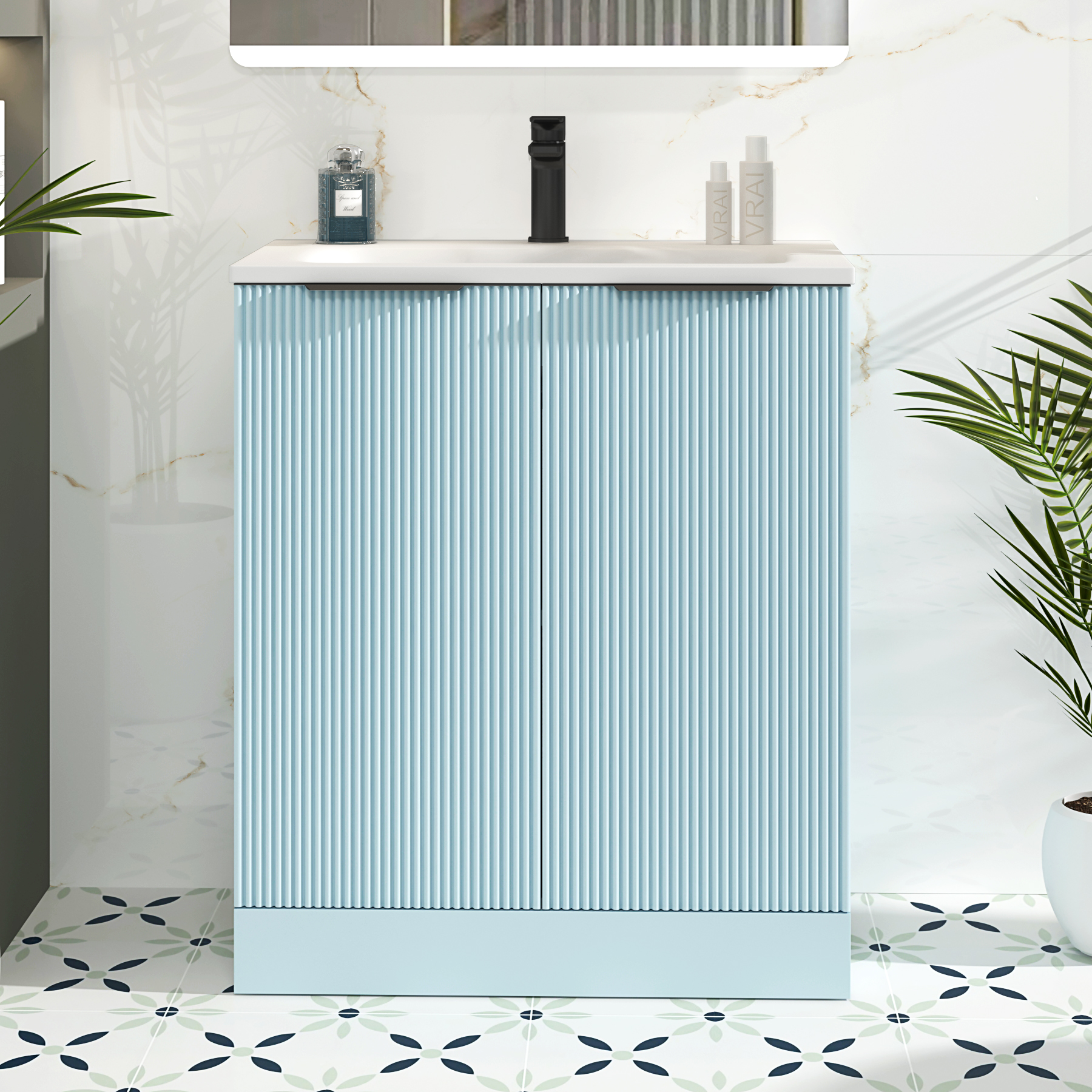 Evora 700mm Powder Blue Fluted Floor Standing Vanity Unit 2 Door with Matt Stone Basin & Matt Black Handles