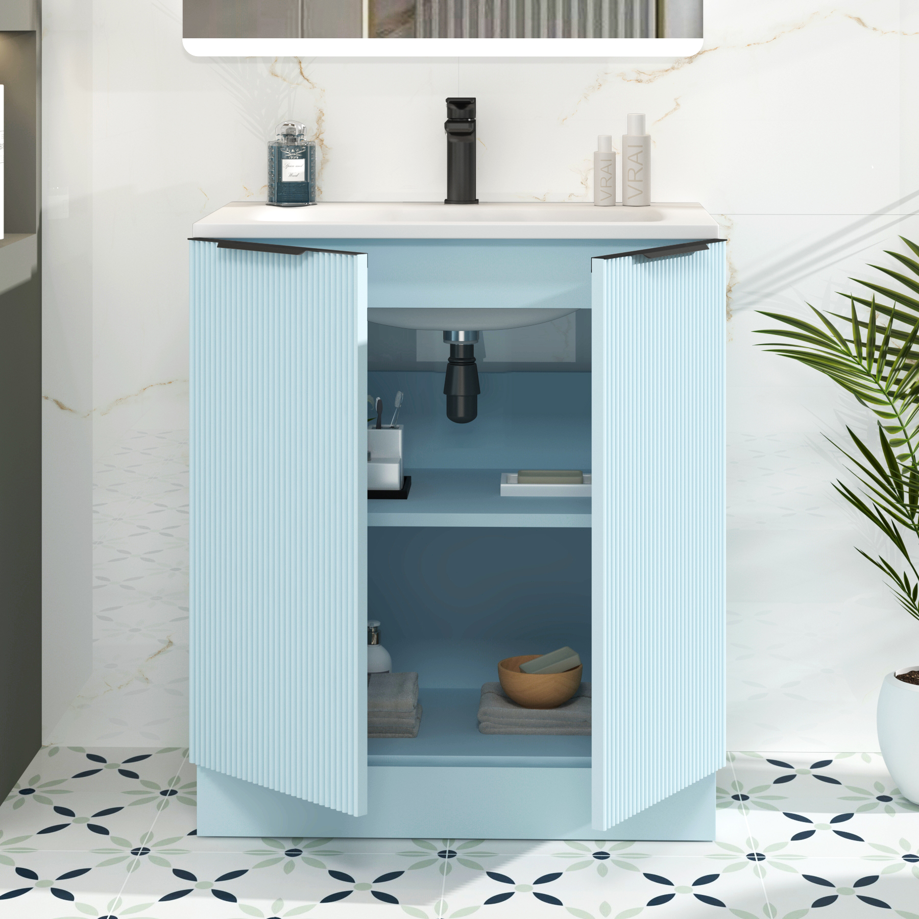 Evora 700mm Powder Blue Fluted Floor Standing Vanity Unit 2 Door with Matt Stone Basin & Matt Black Handles