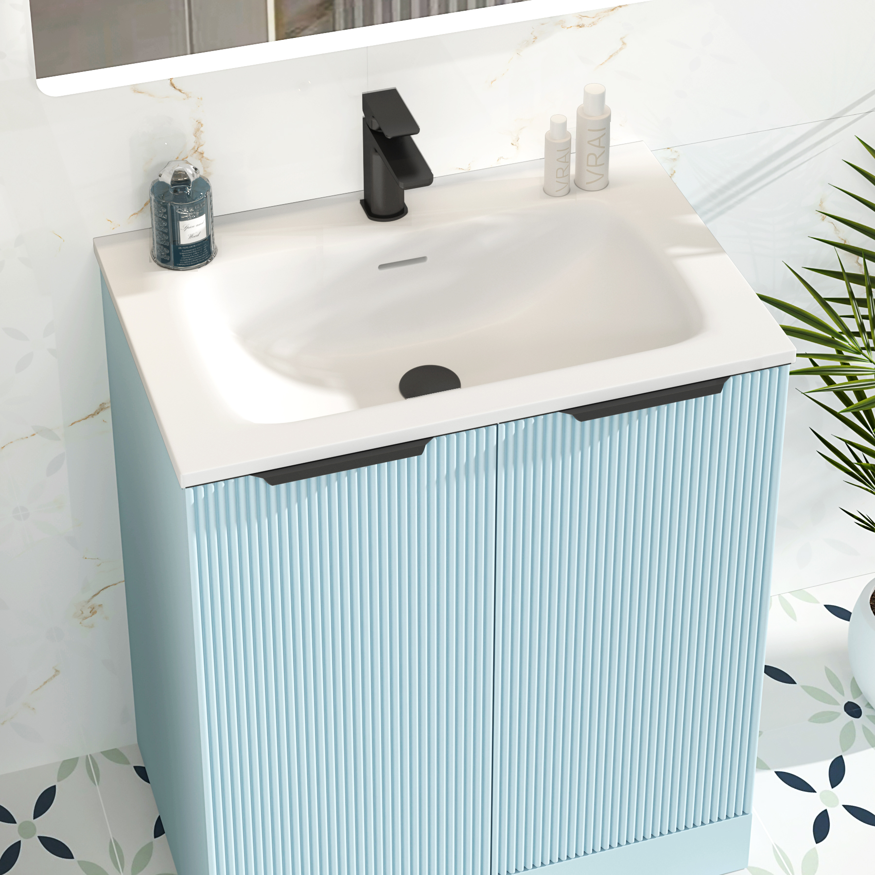 Evora 700mm Powder Blue Fluted Floor Standing Vanity Unit 2 Door with Matt Stone Basin & Matt Black Handles