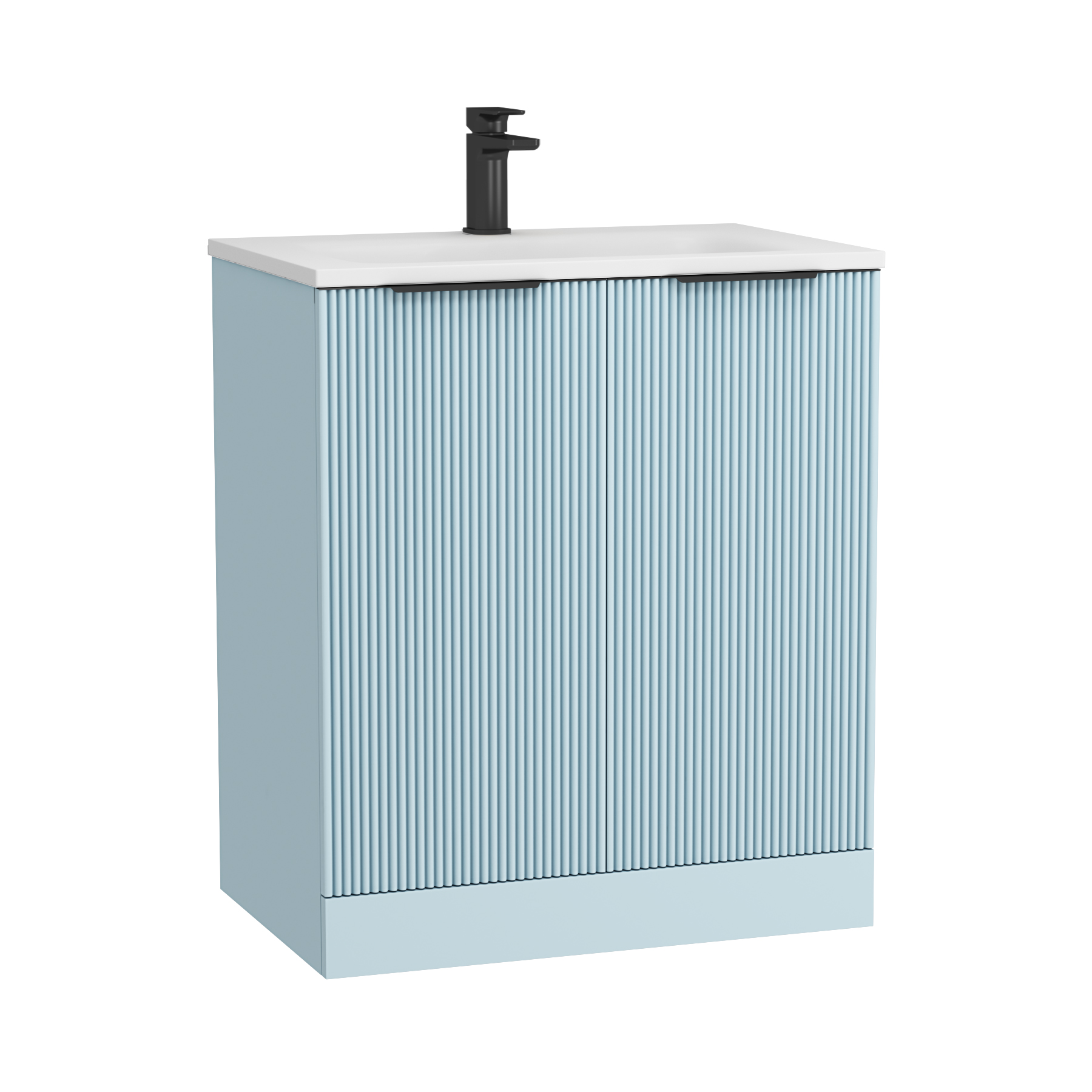 Evora 700mm Powder Blue Fluted Floor Standing Vanity Unit 2 Door with Matt Stone Basin & Matt Black Handles