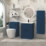 Evora 600mm Satin Blue Fluted Floor Standing Vanity Unit 2 Drawer with Undrilled Stone Basin & Matt Black Handles