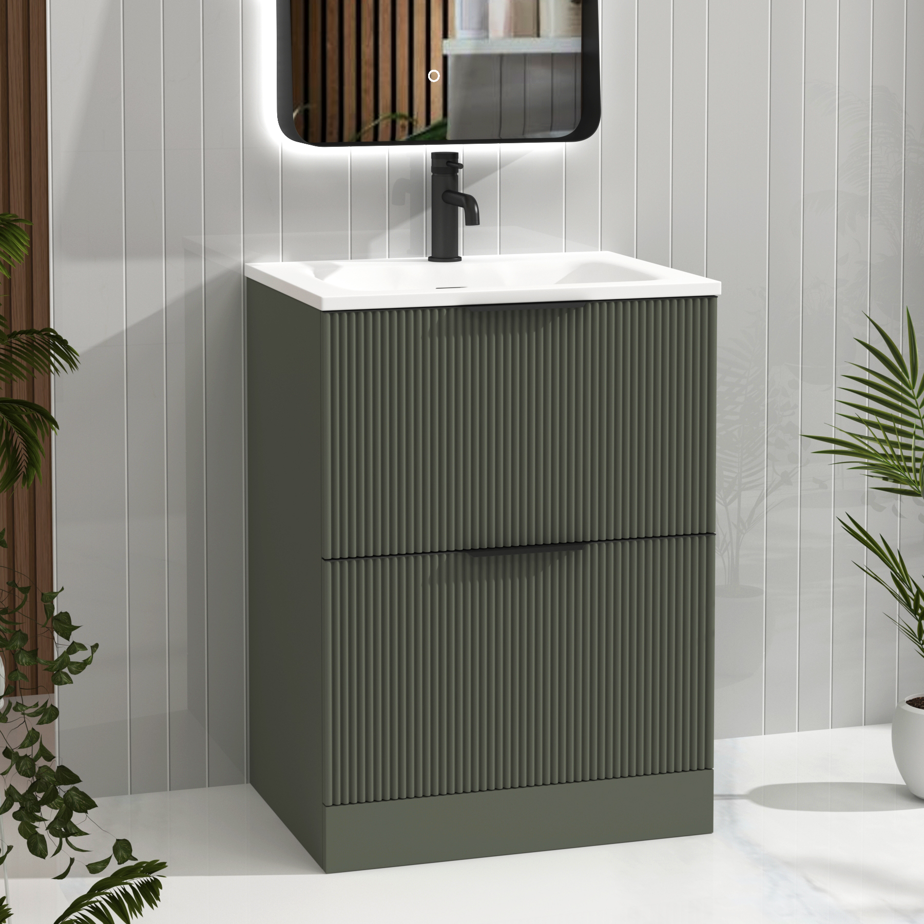 Evora Sage Green Fluted Floor Standing Vanity Unit 2 Drawer with Matt Stone Basin - Multiple Size