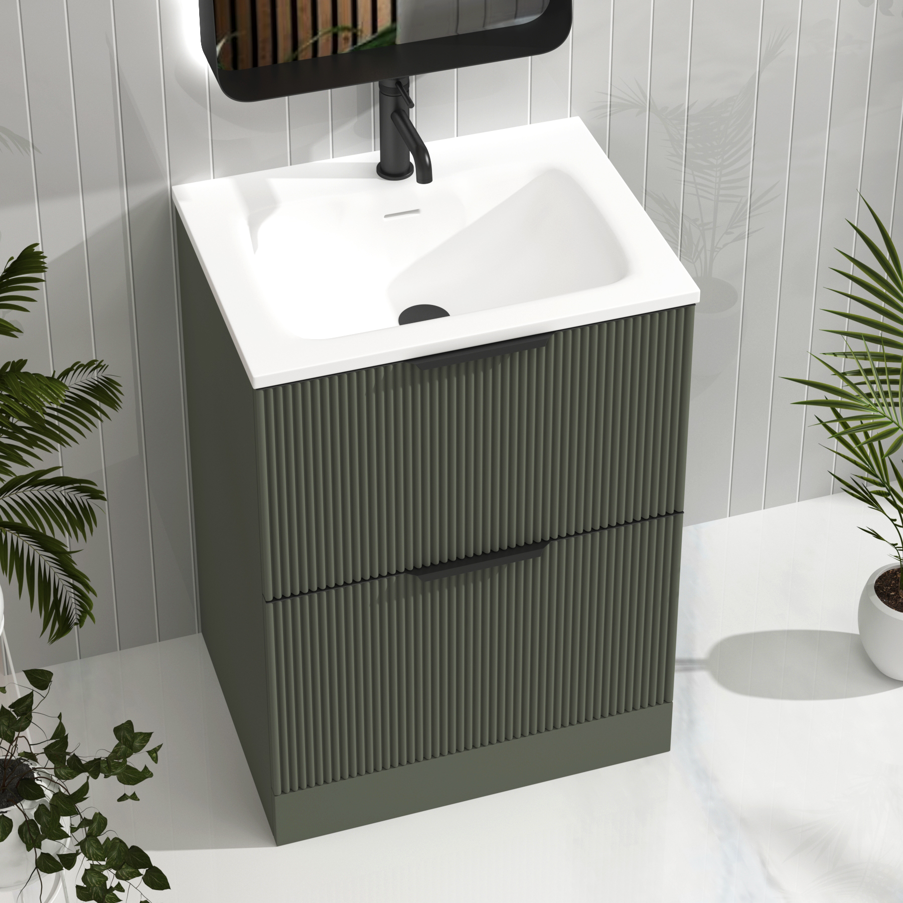 Evora Sage Green Fluted Floor Standing Vanity Unit 2 Drawer with Matt Stone Basin - Multiple Size