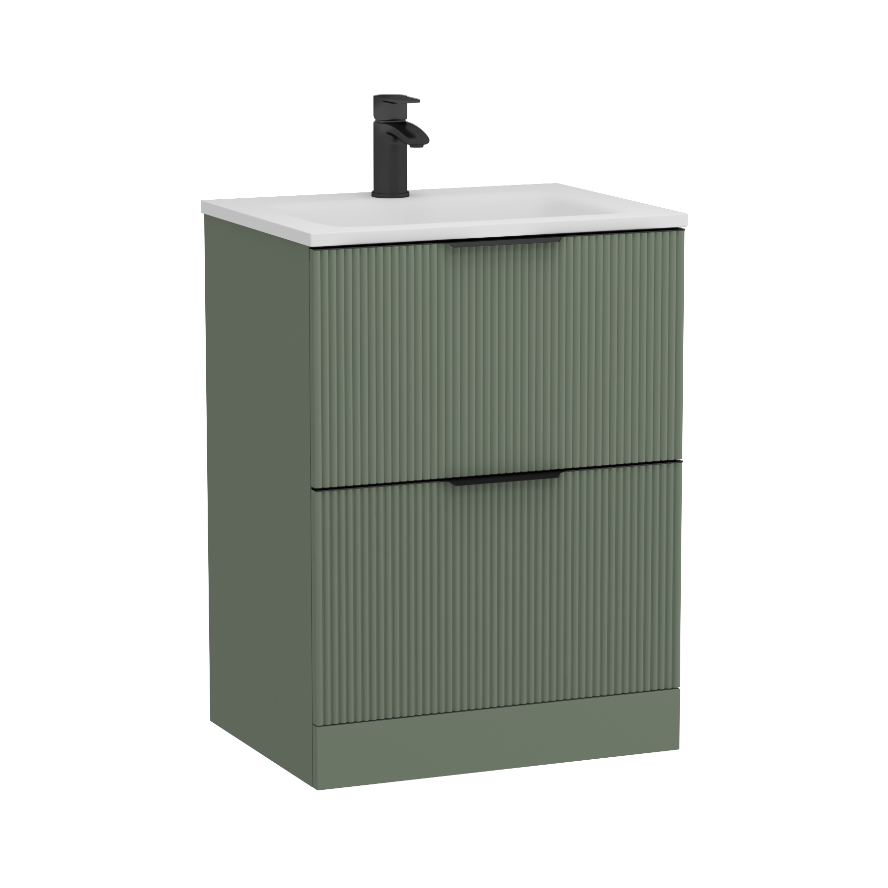 Evora Sage Green Fluted Floor Standing Vanity Unit 2 Drawer with Matt Stone Basin - Multiple Size