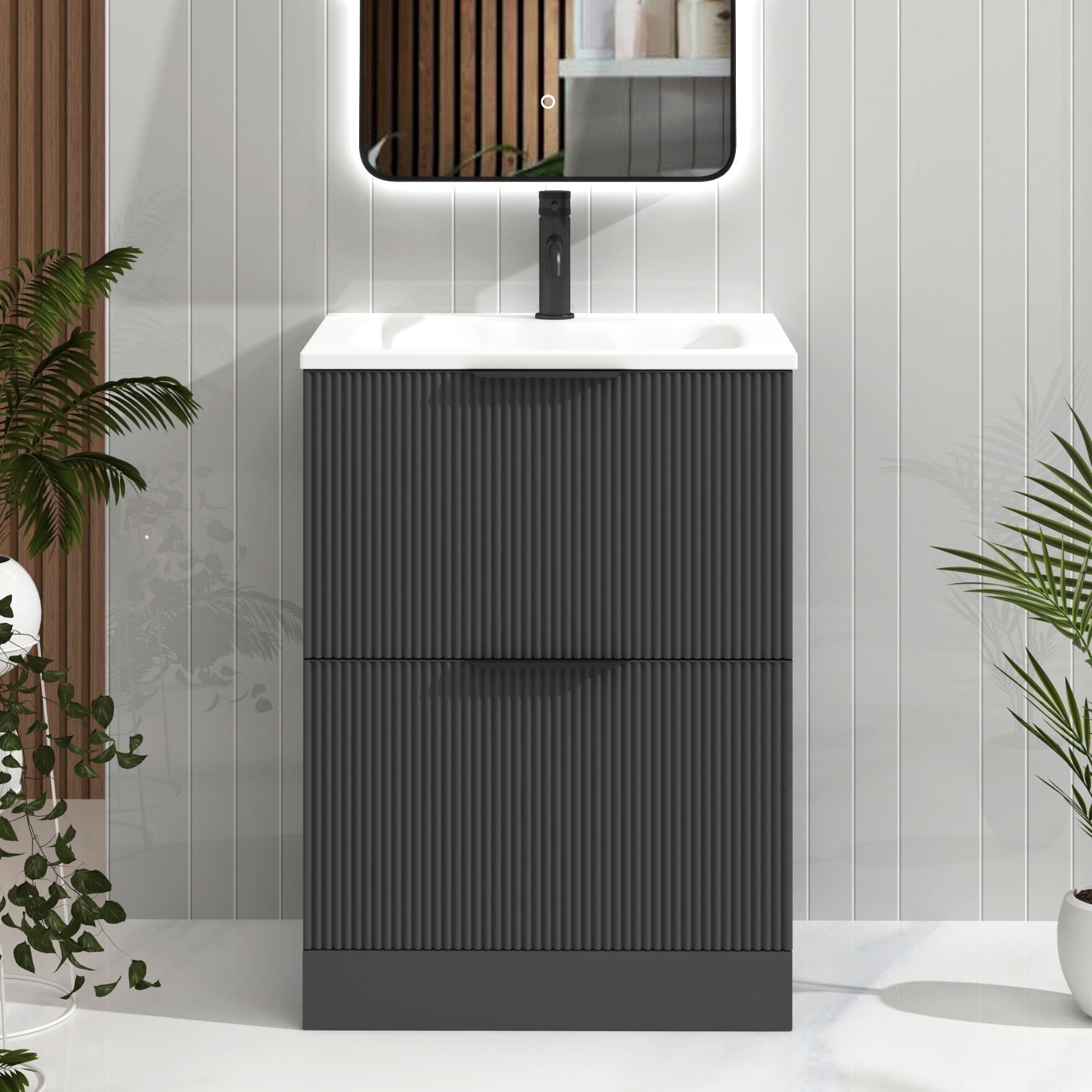 Evora 600mm Graphite Grey Fluted Floor Standing Vanity Unit 2 Drawer with Matt Stone Basin & Matt Black Handles