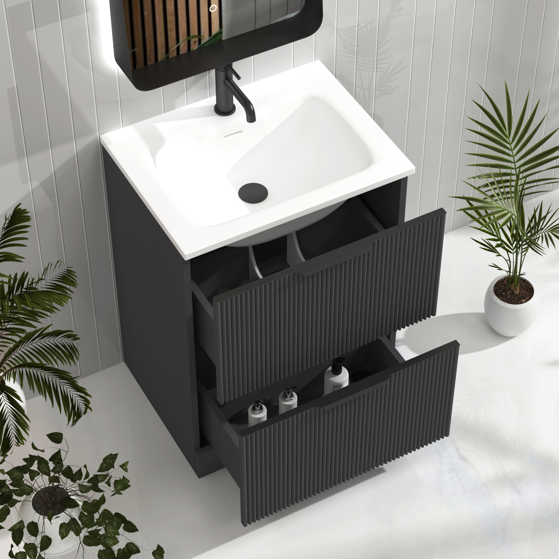 Evora Graphite Grey Fluted Floor Standing Vanity Unit 2 Drawer with Matt Stone Basin - Multiple Size