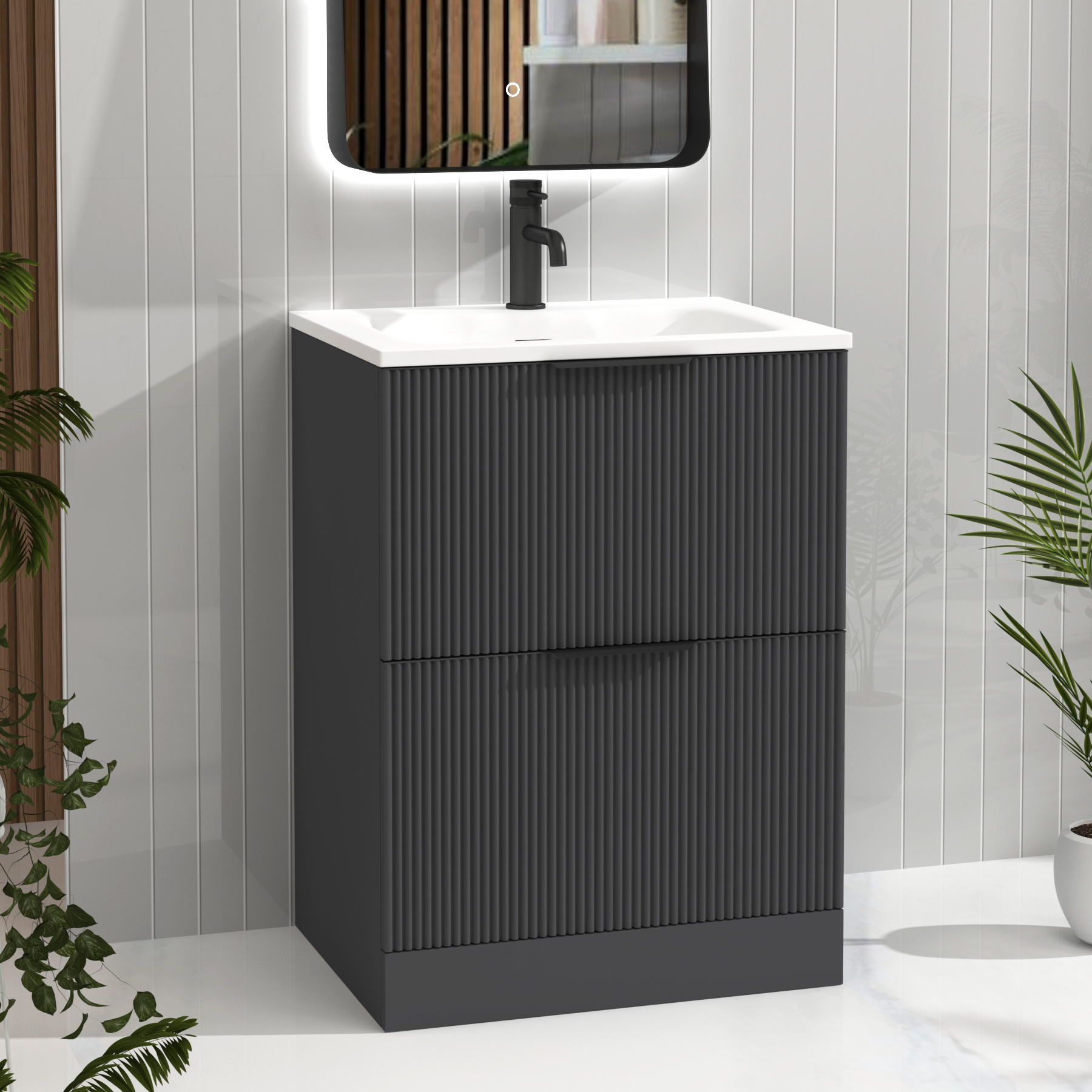 Evora Graphite Grey Fluted Floor Standing Vanity Unit 2 Drawer with Matt Stone Basin - Multiple Size