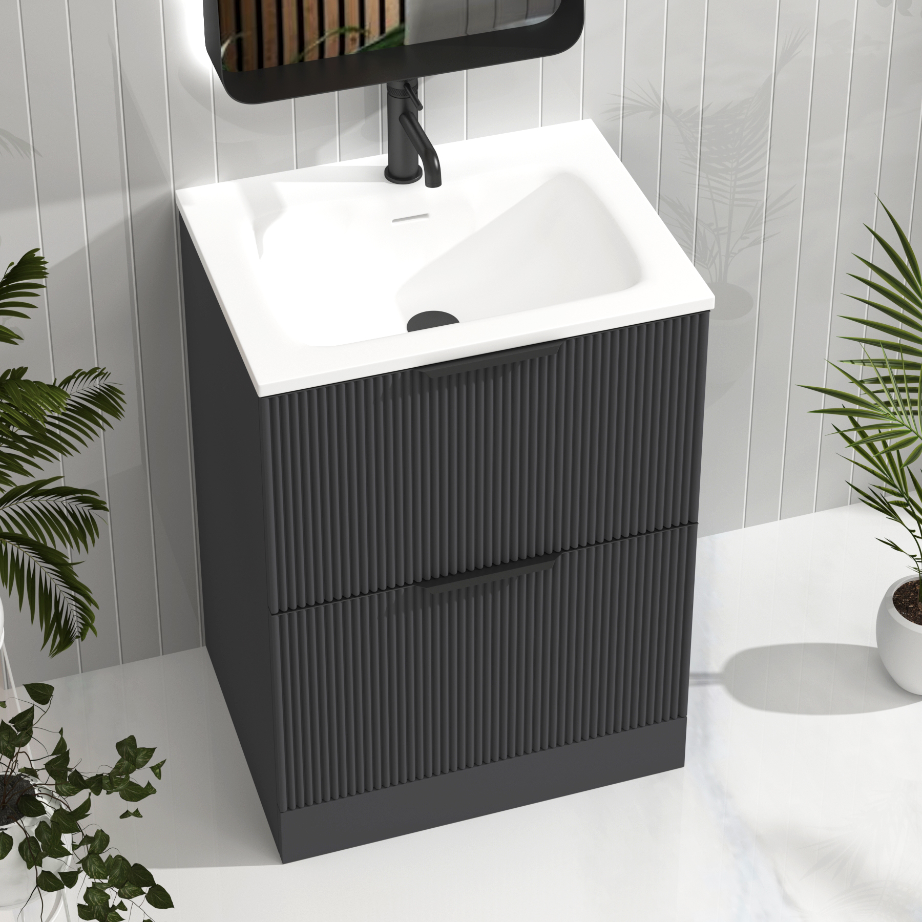 Evora Graphite Grey Fluted Floor Standing Vanity Unit 2 Drawer with Matt Stone Basin - Multiple Size