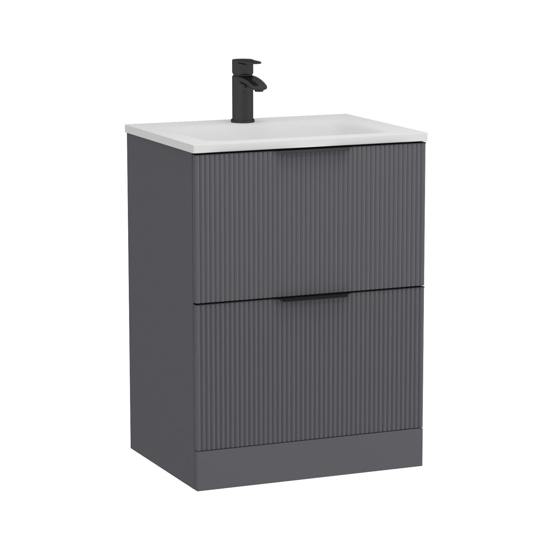 Evora Graphite Grey Fluted Floor Standing Vanity Unit 2 Drawer with Matt Stone Basin - Multiple Size