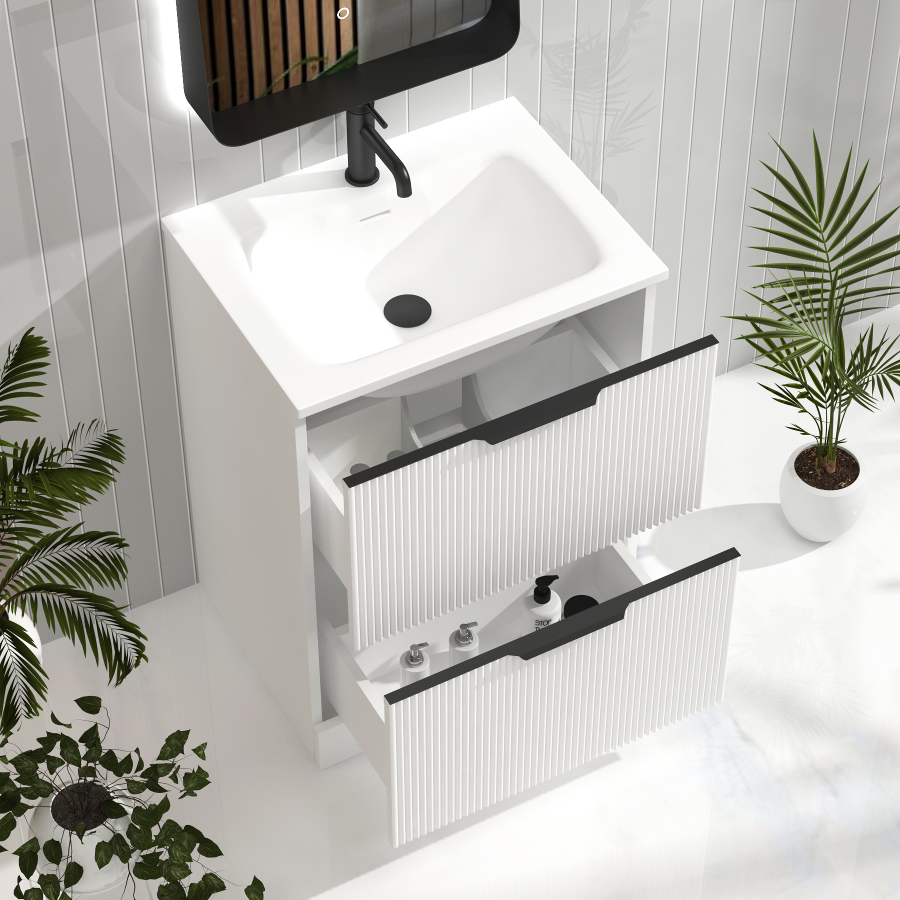Evora Matt White Fluted Floor Standing Vanity Unit 2 Drawer with Matt Stone Basin - Multiple Size