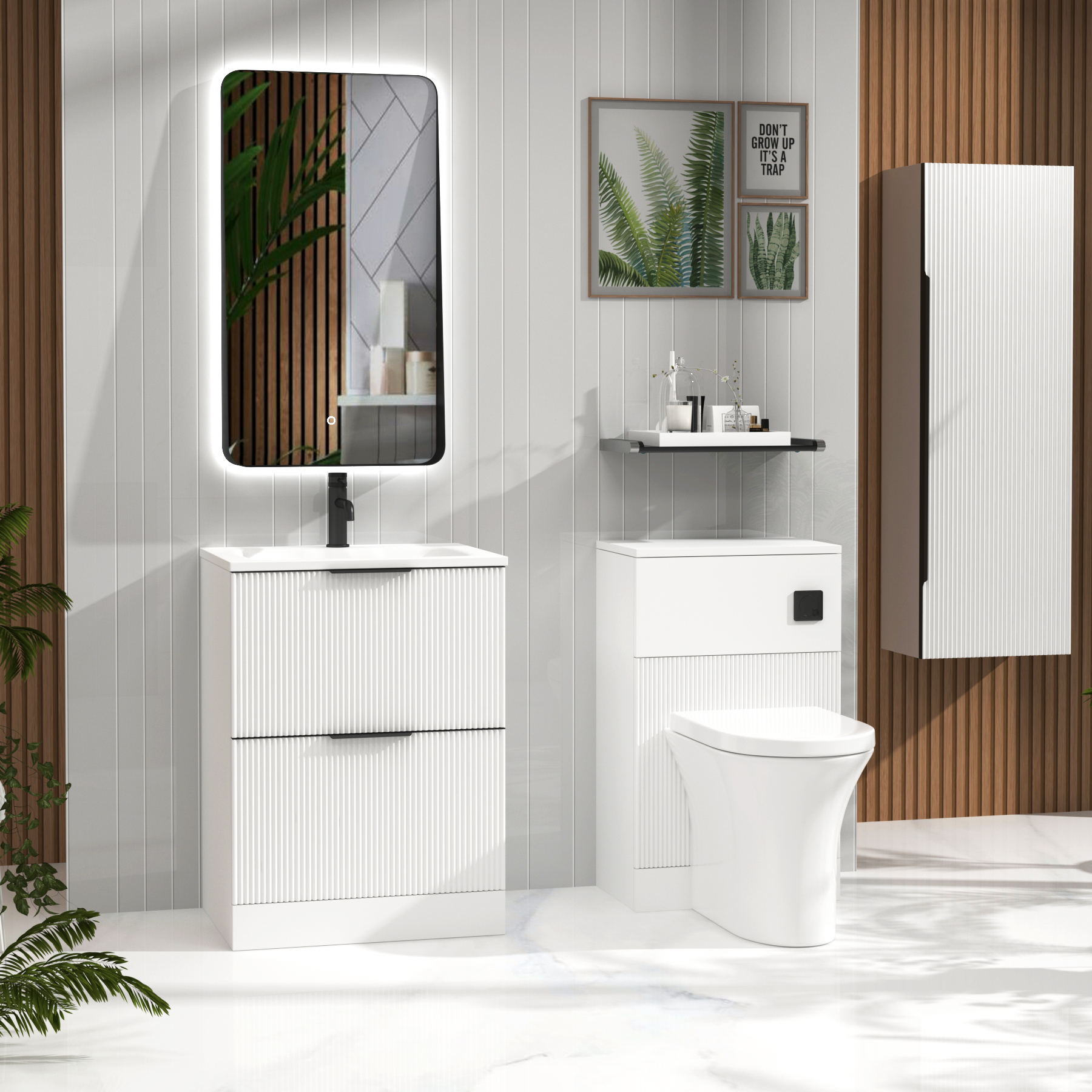 Evora Matt White Fluted Floor Standing Vanity Unit 2 Drawer with Matt Stone Basin - Multiple Size