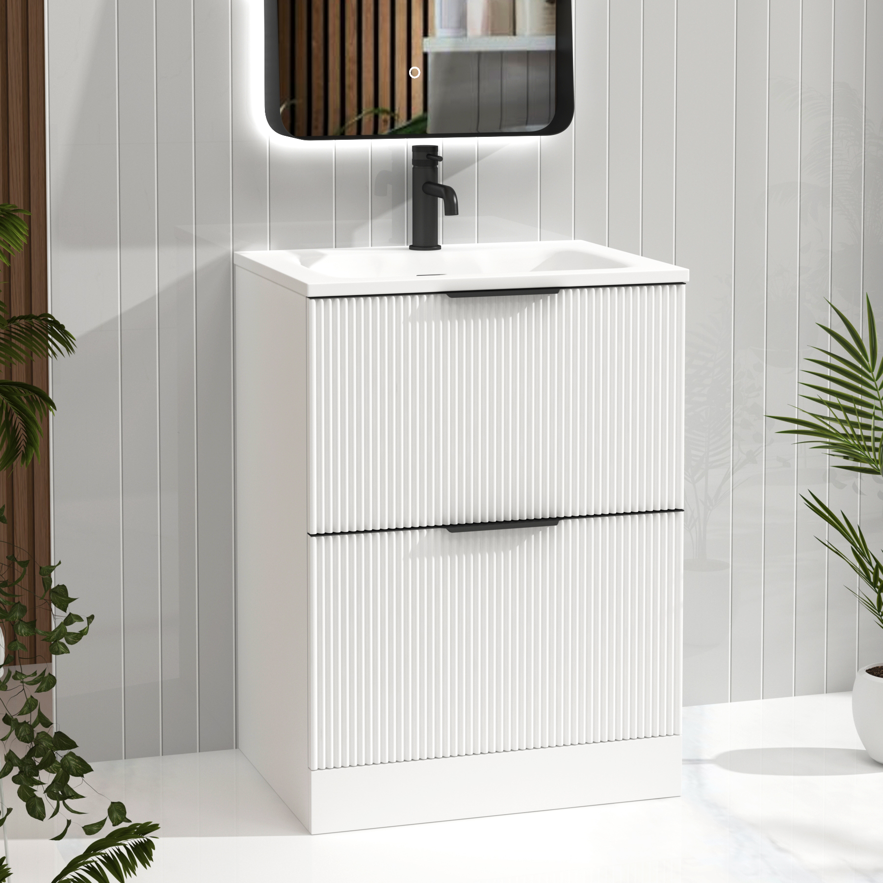 Evora Matt White Fluted Floor Standing Vanity Unit 2 Drawer with Matt Stone Basin - Multiple Size