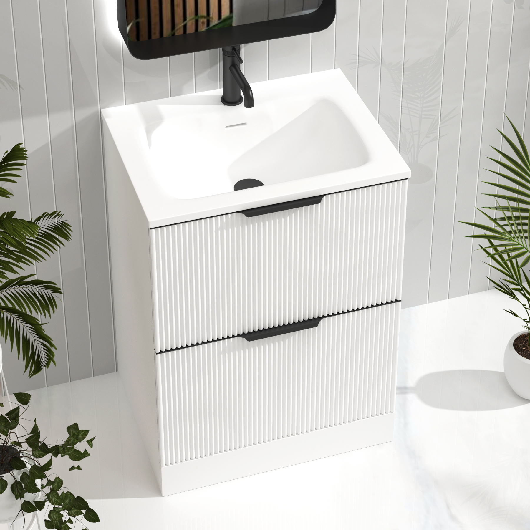 Evora Matt White Fluted Floor Standing Vanity Unit 2 Drawer with Matt Stone Basin - Multiple Size