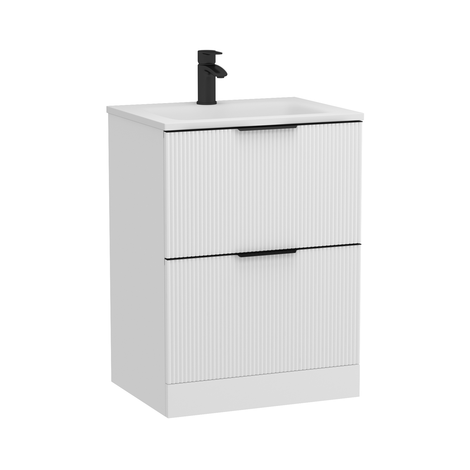 Evora Matt White Fluted Floor Standing Vanity Unit 2 Drawer with Matt Stone Basin - Multiple Size