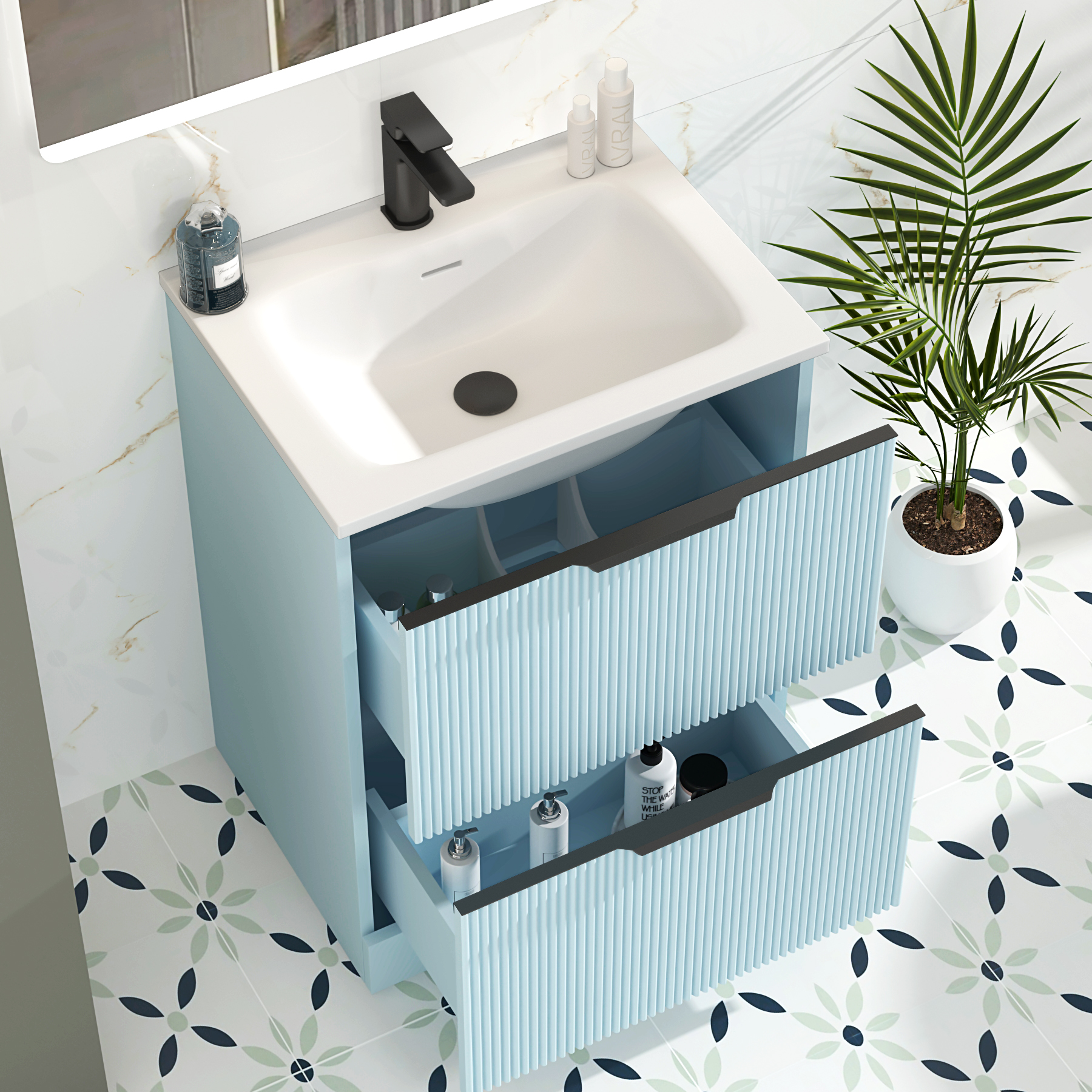 Evora Powder Blue Fluted Floor Standing Vanity Unit 2 Drawer with Matt Stone Basin - Multiple Size